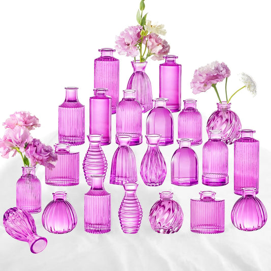 24PCS Bud Vases for Decor Cool Hot Pink Small Glass Flower Vase in Bulk Wedding Centerpieces Bridal Shower Decorations for Women