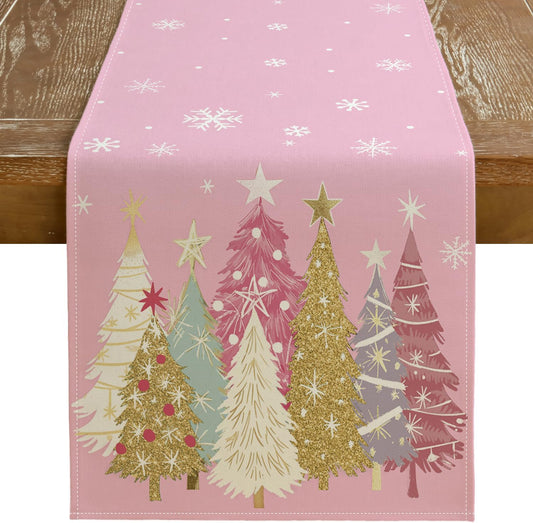 GEEORY Christmas Table Runner 13x108 Inch, Xmas Trees Snowflakes Holiday Decorative Farmhouse Table Decoration for Kitchen Dinning, Indoor Outdoor Dinner Party Decor (Pink) GT153-108