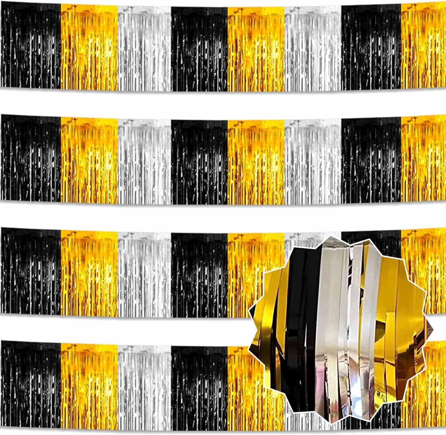 4 Pack 10 Ft Black Gold Silver Foil Fringe Garland Metallic Streamers Tinsel Banner Wall Hanging Garland Backdrop for Parade Floats, Halloween, Christmas, Thanksgiving, New Year Party Decorations