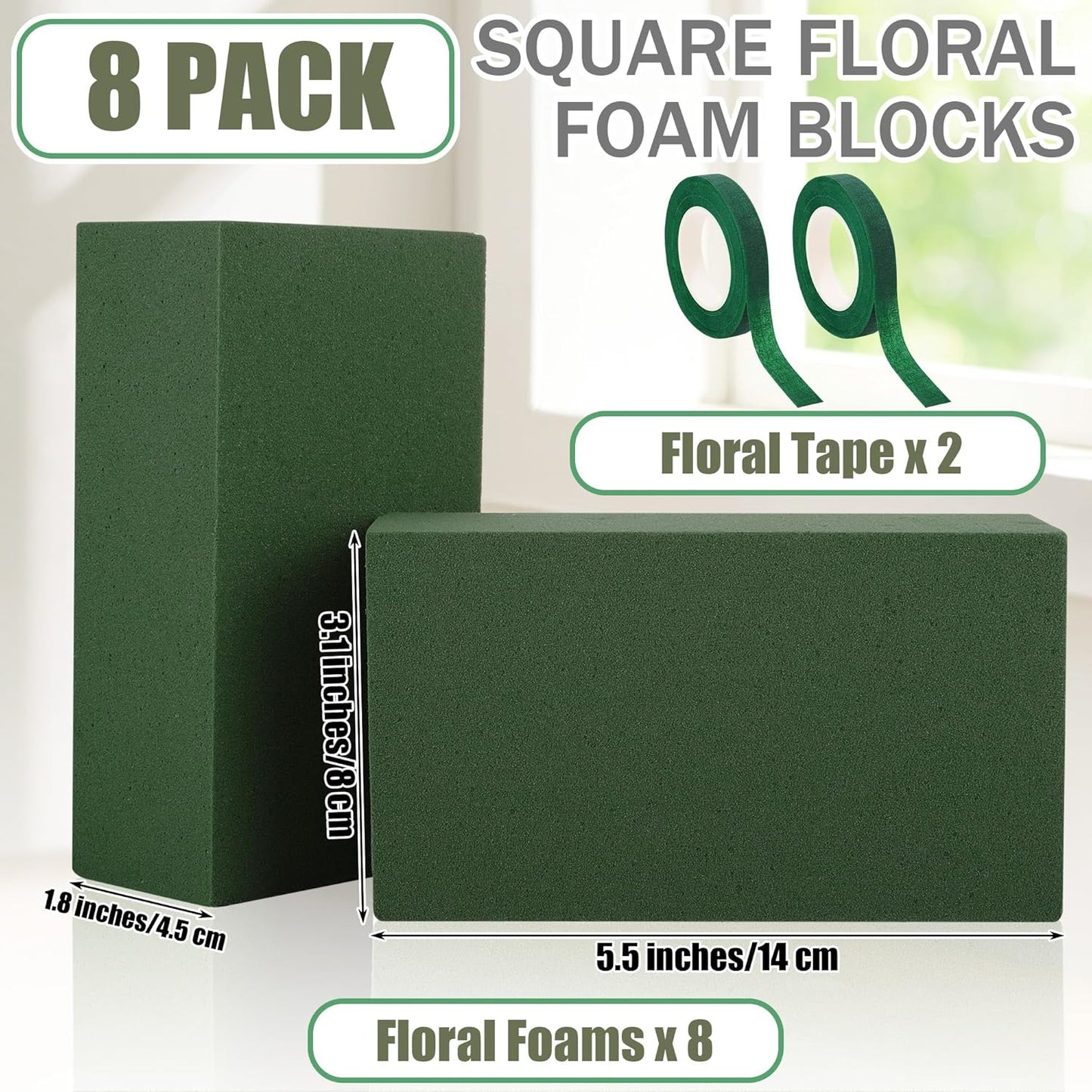 Aneco 8 Pieces Floral Foam Blocks with 2 Rolls Floral Tape 5.5''L x 3.1''W x 1.8''H Green Square Flower Foams Flower Arrangements Supplies for Dry & Wet Flower Wedding Home Decor and DIY Crafts