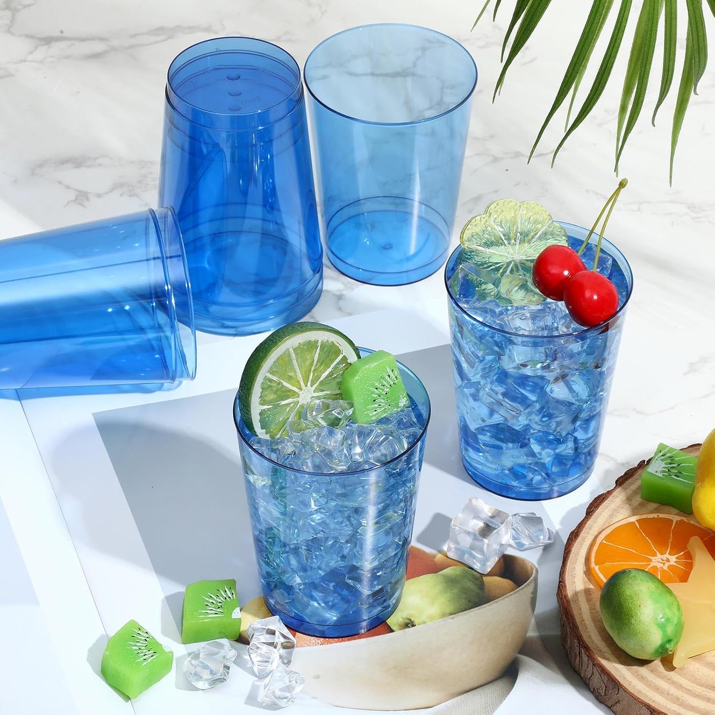 Minatee 100 Count Plastic Cups Disposable Fancy Cups Heavy Duty Wine Cocktail Glasses for Halloween Wedding Christmas Birthday Party Supplies Plastic Drinking Tumblers(Blue,10 oz)