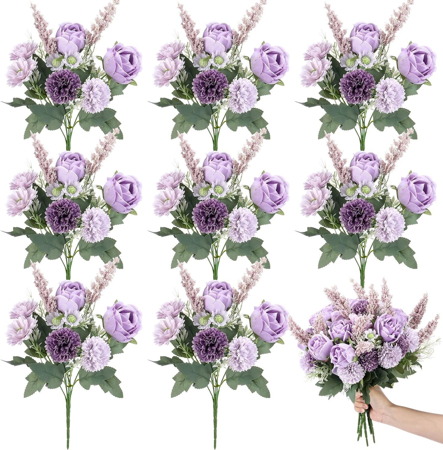 Zeyune 8 Pcs Wedding Silk Flowers Fake Silk Flowers Faux Bouquet Hydrangea Bouquets for Wedding Birthday Party Table Centerpieces Home Decoration (Purple,Rose)