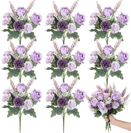 Zeyune 8 Pcs Wedding Silk Flowers Fake Silk Flowers Faux Bouquet Hydrangea Bouquets for Wedding Birthday Party Table Centerpieces Home Decoration (Purple,Rose)