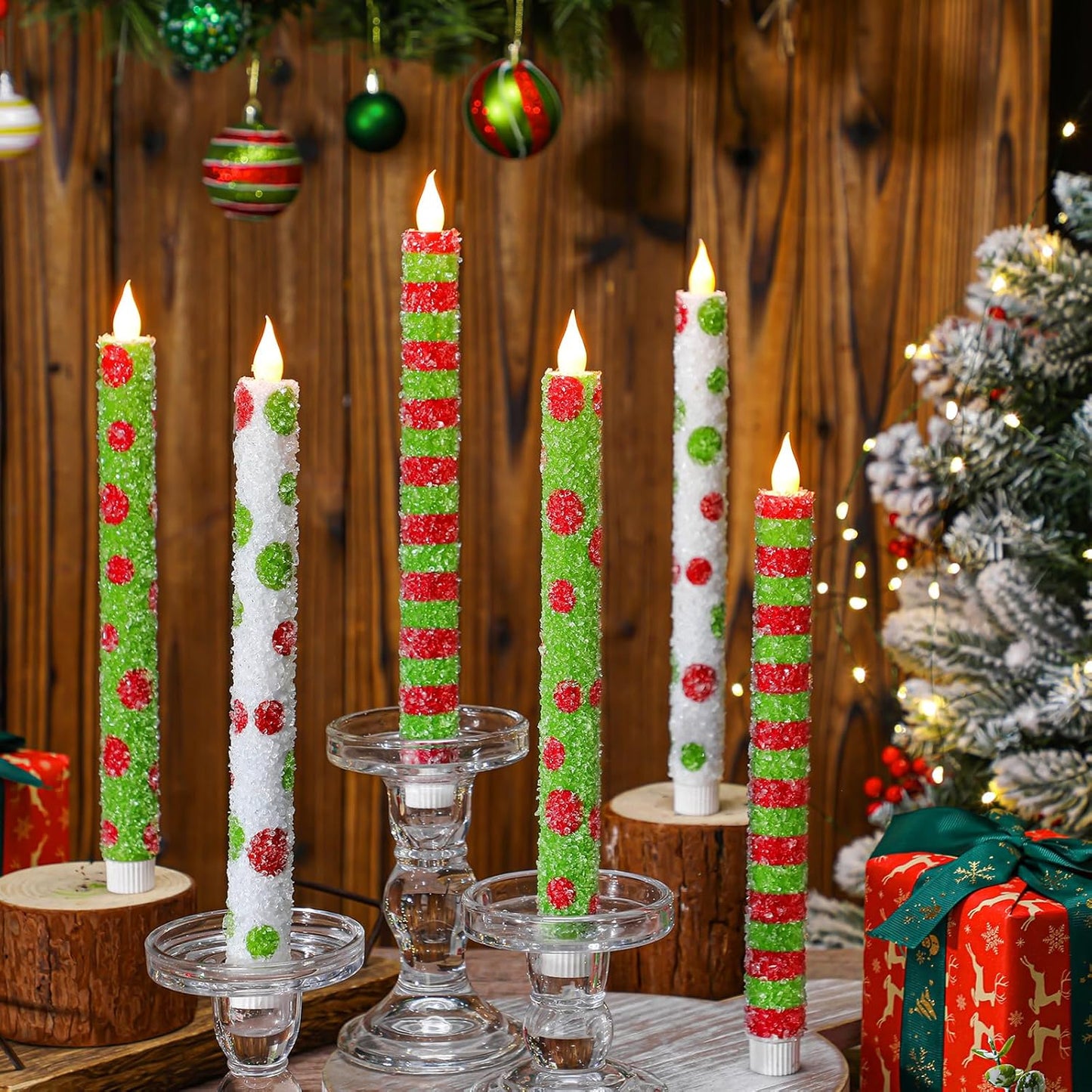 Baquler 6 Pcs Christmas Flameless Taper Candles 10.6 Inch Elf Theme Candles Battery Operated LED Christmas Candlesticks for Xmas Centerpiece Holiday Party Decor