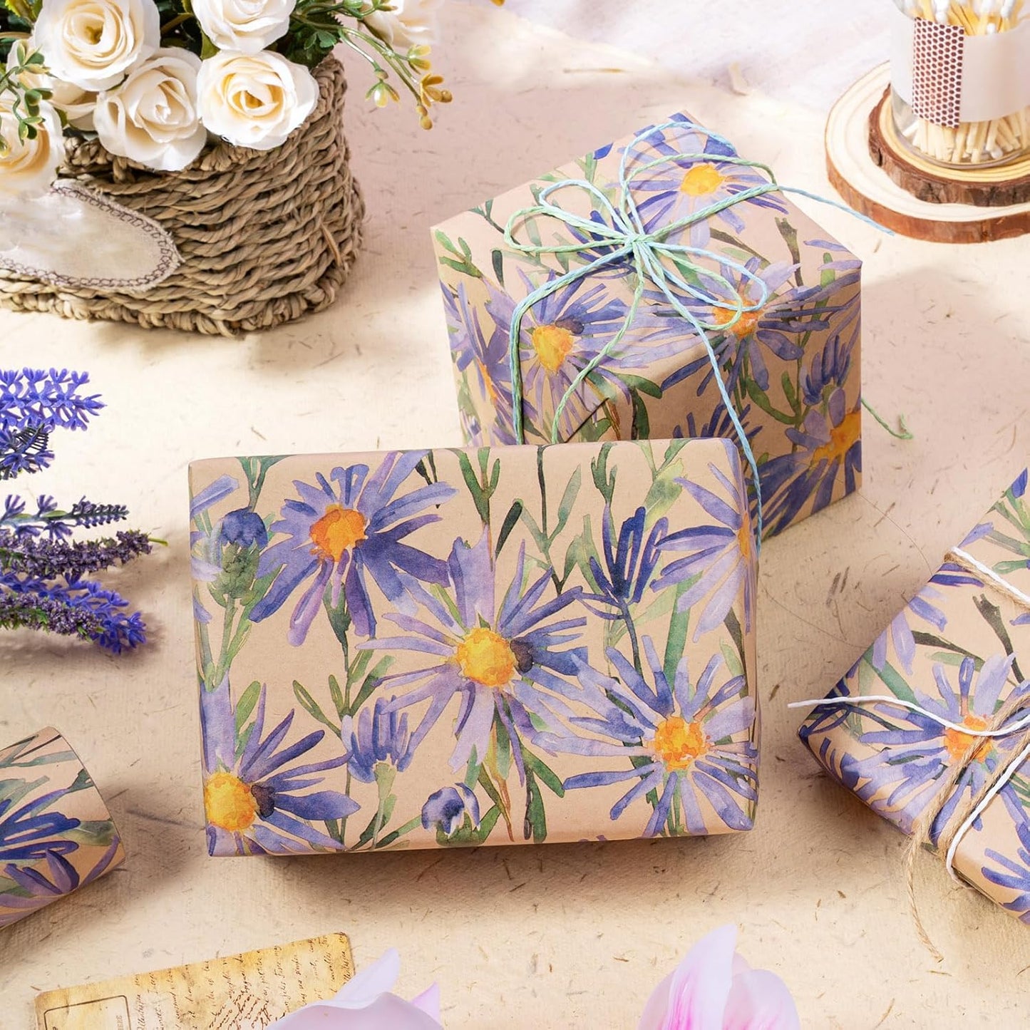 RUSPEPA Purple Floral Wrapping Paper for Women, 17 in x 16.4 ft, Mini Roll, Watercolor Flower Kraft Paper, Daisy Wrapping Paper Roll for Girls, Wedding, Birthday and Bridal Shower