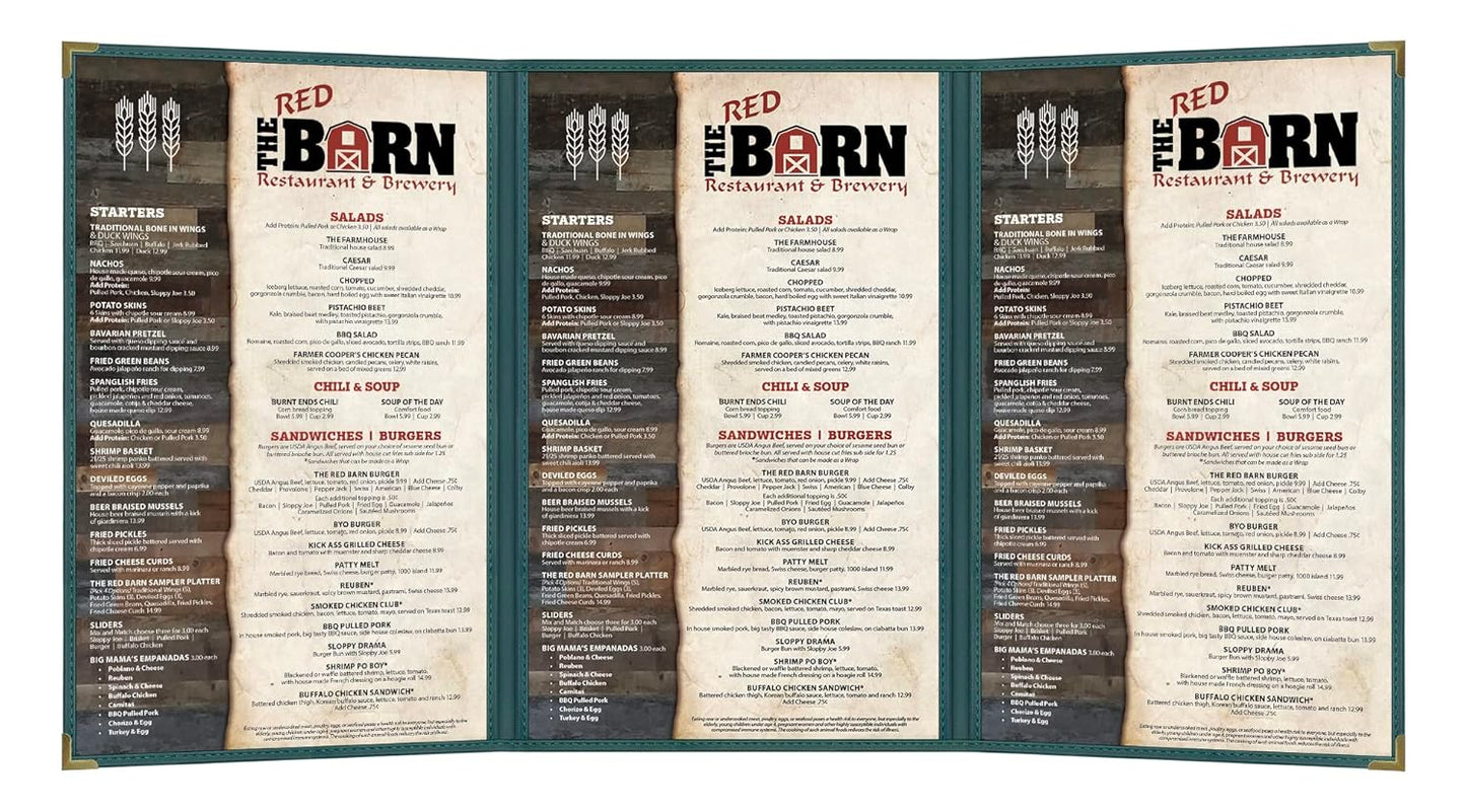 Goodsmart Pajco Style Restaurant Menu Covers – Pack of 10, Side-Load Fold-Out Menu Holders, Single Stitched Edge Clear Vinyl Menu Sleeves, Leatherette Trim Gold Corners, Green, 3 View (8.5" x 14")