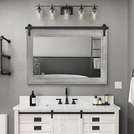 COGOOD Farmhouse Bathroom Mirror - 41" x 30" Rustic Barn Door Mirror for Living Room, Entryway, Bedroom, Vanity Wall Decor (Grey)