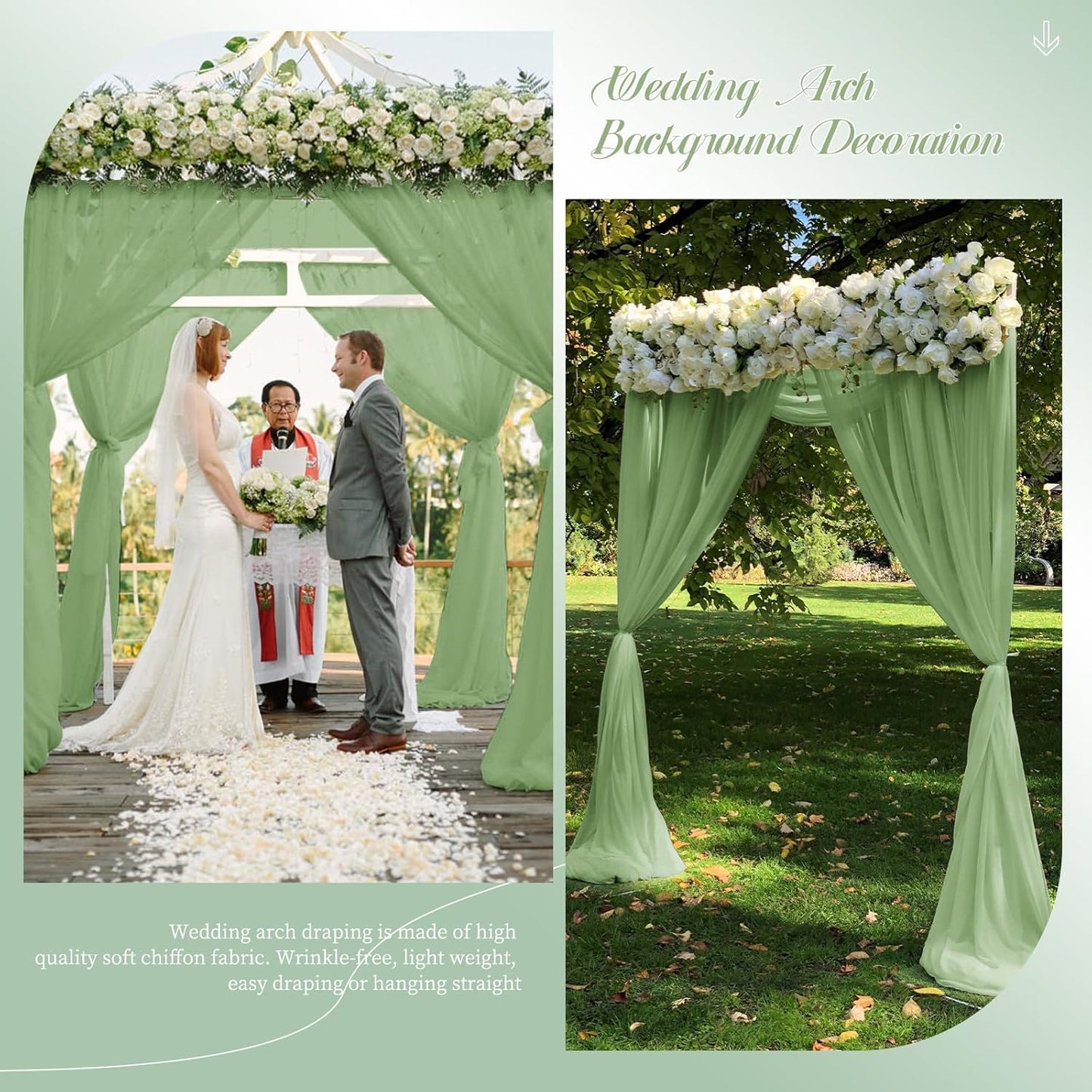 Wedding Arch Drapes, 4 Panels 28" x 20ft Sage Green Sheer Chiffon Curtains for Wedding Ceremony & Reception Party Decoration