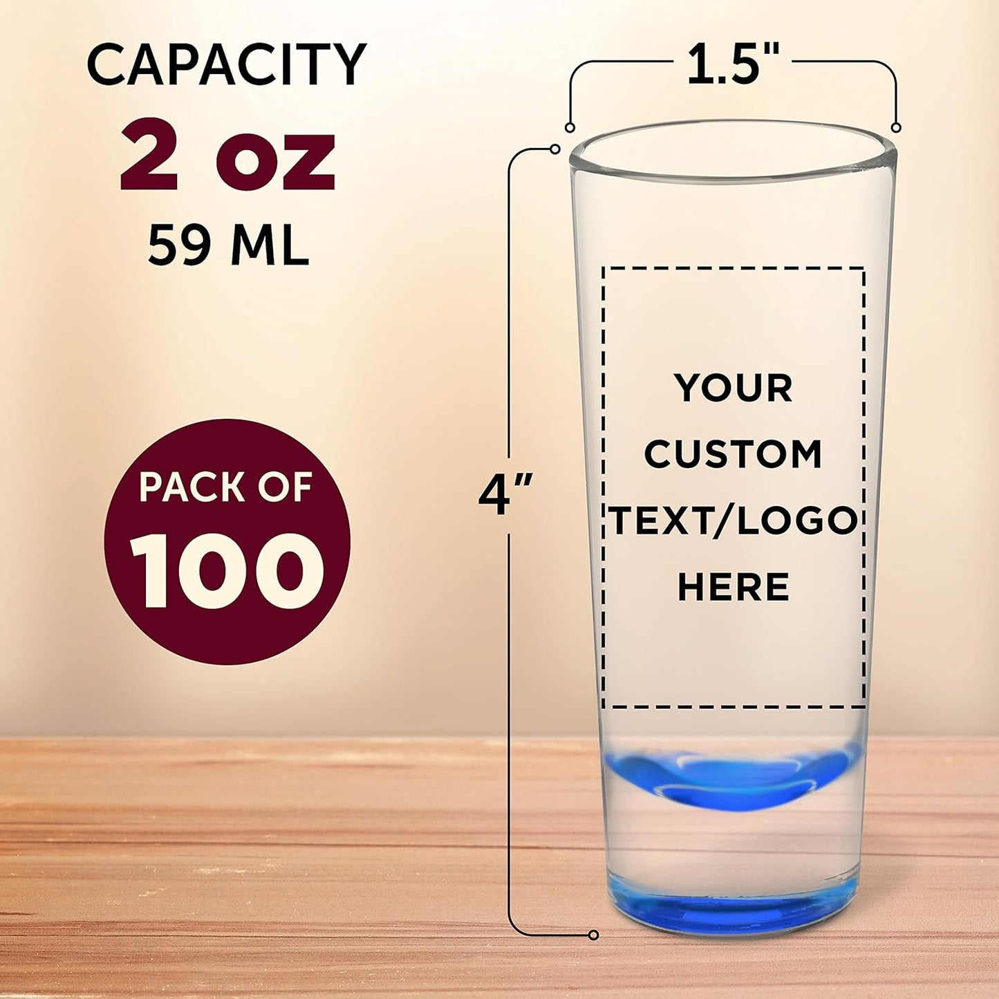 Custom Cordial Shooter Shot Glasses 2 oz. Set of 100, Personalized Bulk Pack - Great for Birthdays, Parties, Indoor & Outdoor Events - Blue