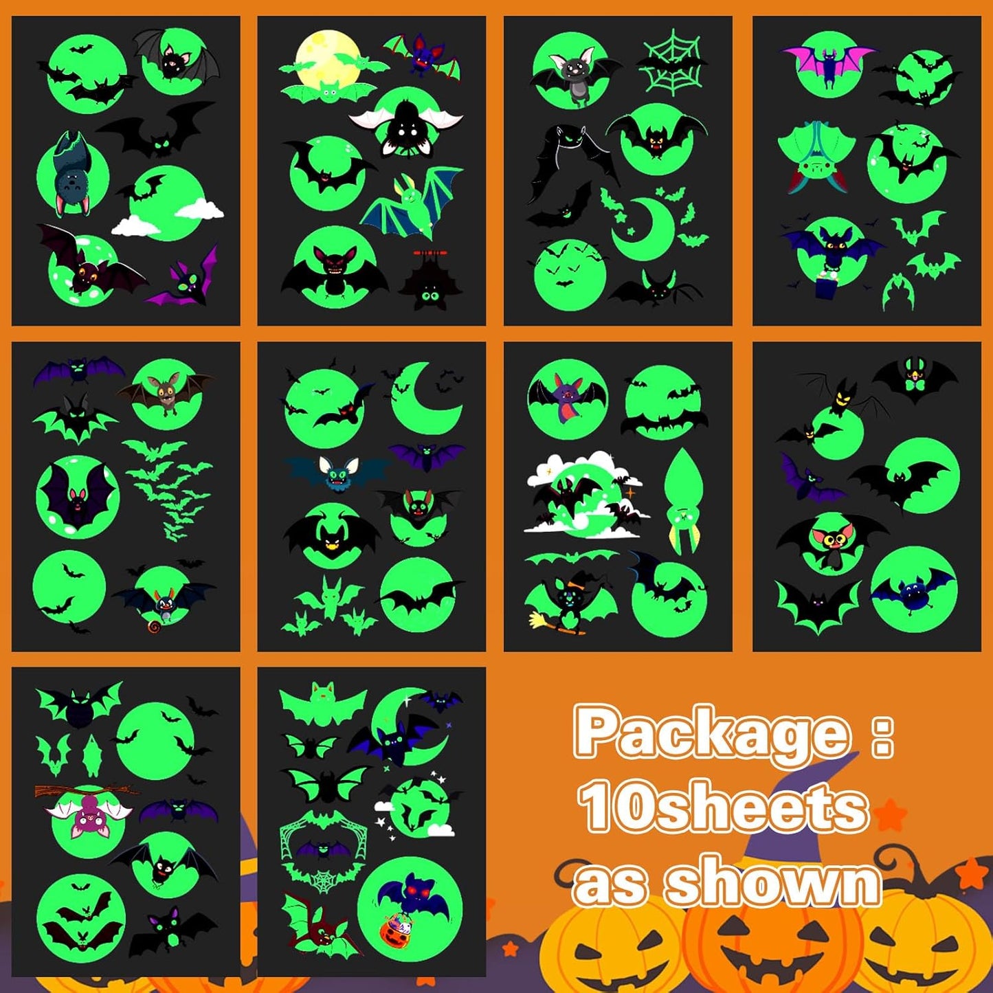 Luminous Halloween Temporary Tattoos for Kids，Halloween Party Favors-10 Sheet Glow Halloween Bat Tattoos for Boys and Girls,Halloween Decorations,Games Gift Prizes for Kids,Goodie Bag Fillers
