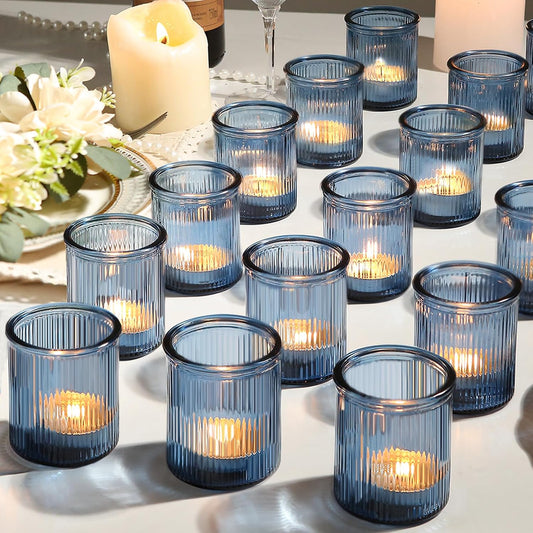 36pcs Votive Candle Holders, Blue Glass Votives Ribbed Tea Light Candle Holders Bulk for Baby Shower, Tea Lights Candles Holder for Home Party Wedding Decoration & Gift