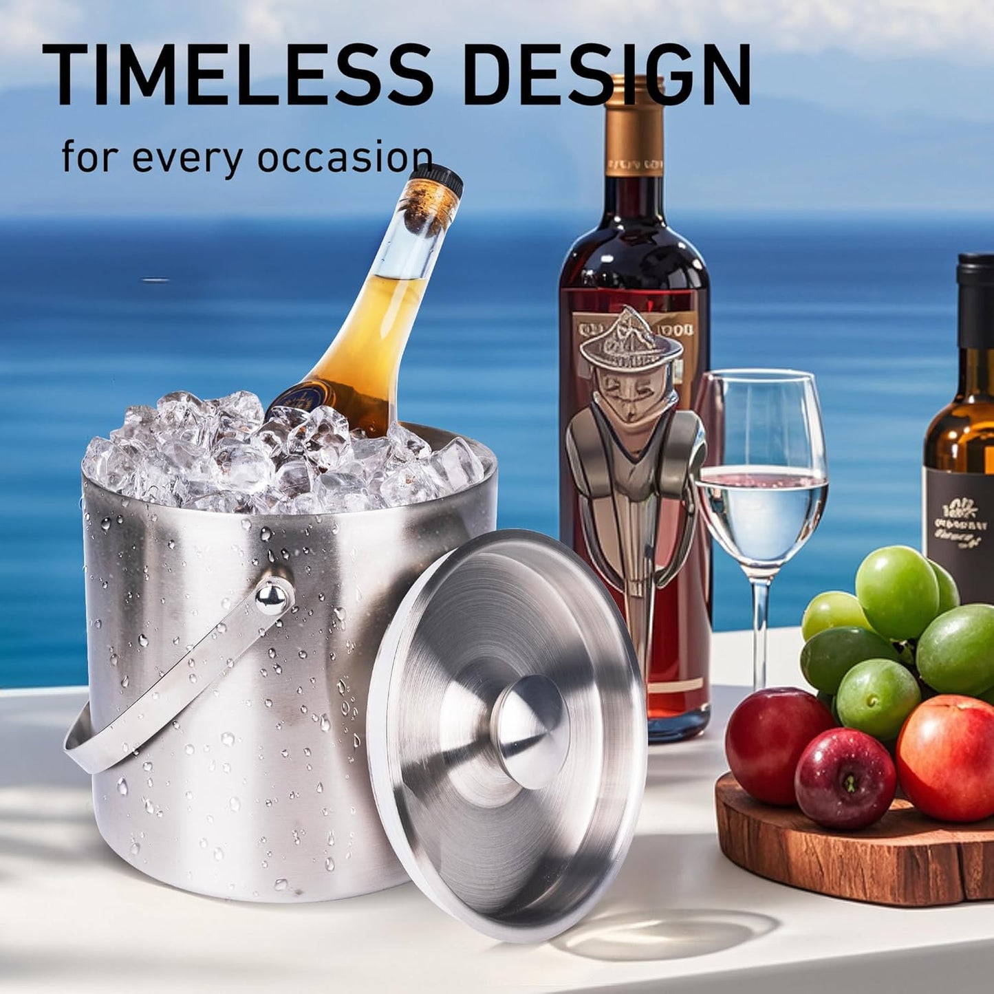 DREAMYO 3L Double Wall Insulated Stainless Steel Ice Bucket with scoop for Cocktail Bar,Metal Ice Bucket for freezer with Lid for parties.ice Container,bar cart accessories(Silver)