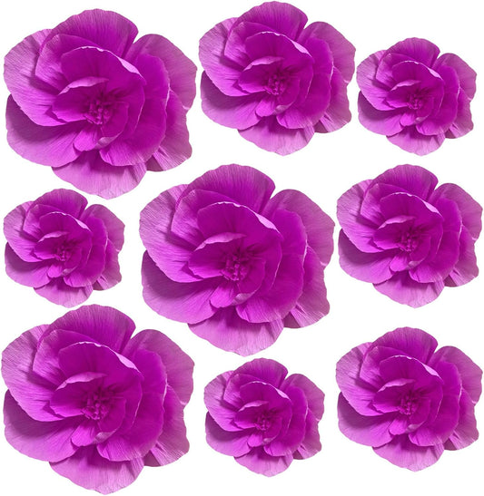 BRT Bearingshui Crepe Paper Flowers Decoration for Wall Total 9 Pcs, Artificial Flowers Backdrop for Wedding Decor Baby Bridal Shower Birthday Party, Rose Red 3D Wall Flowers Decor