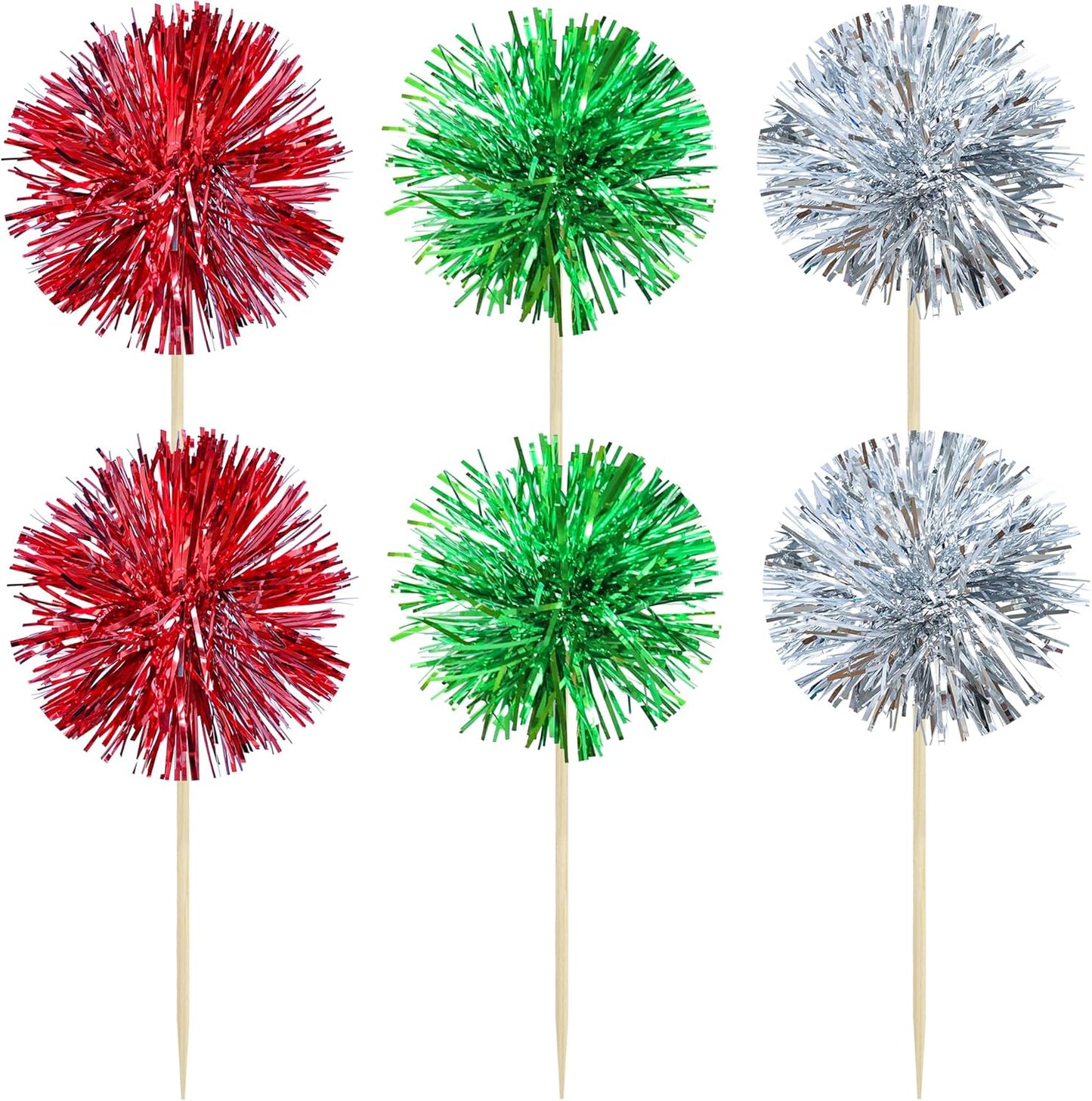 Gyufise 30Pcs Foil Firework Cupcake Toppers Sparkle Tinsel Cake Toppers Tinsel Drink Cake Decoration Cocktail Picks for Birthday Wedding Graduation Party Supplies Silver Green Red