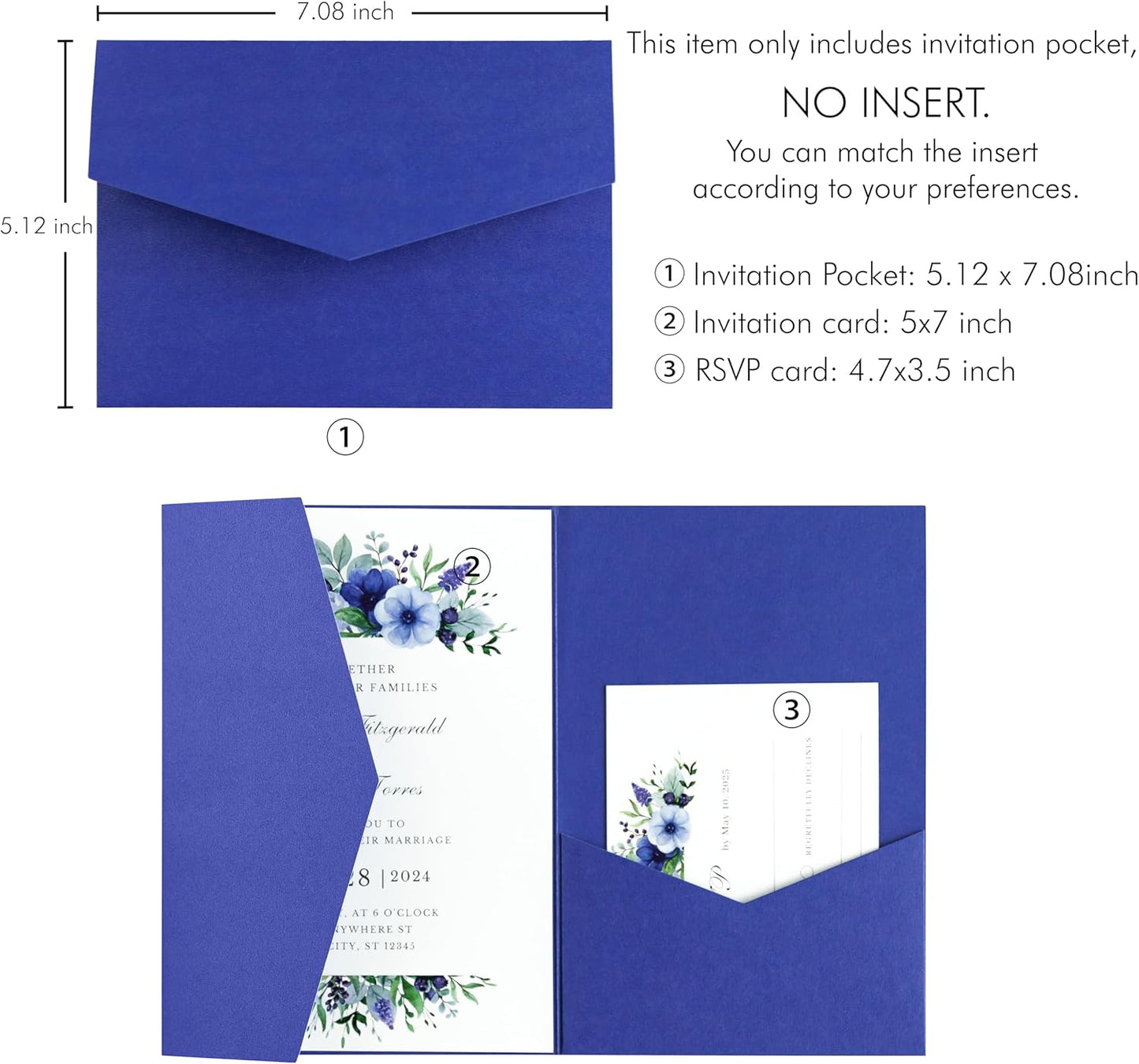 20 PCS Royal Blue Tri-fold Laser Cut Wedding Invitation Pockets for 5x7 Wedding Cards Bridal Shower Engagement Quinceanera Invitation