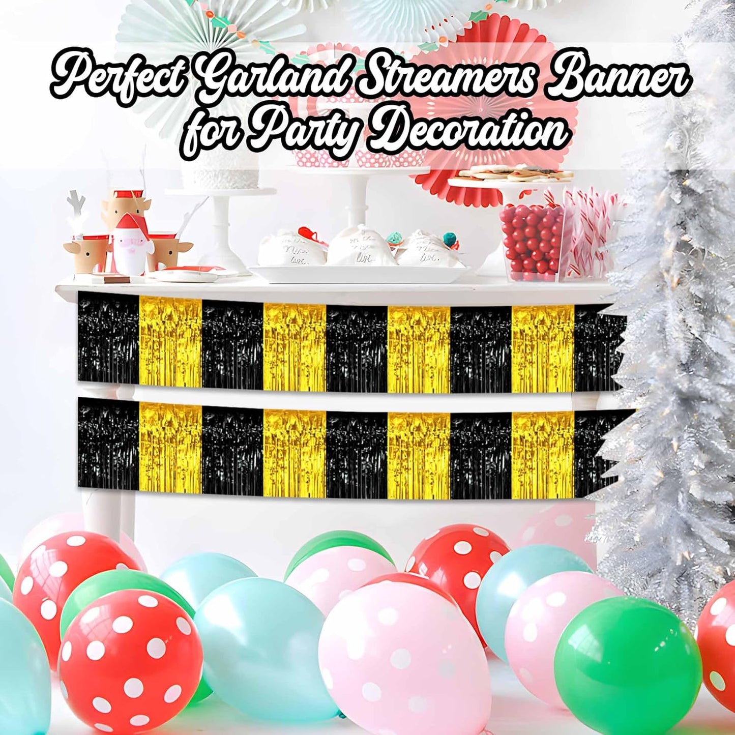 6 Pack 10 Ft Black and Gold Foil Fringe Garland Metallic Streamers Tinsel Banner Wall Hanging Garland Backdrop for Parade Floats, Halloween, Christmas, Thanksgiving, New Year Party Decorations