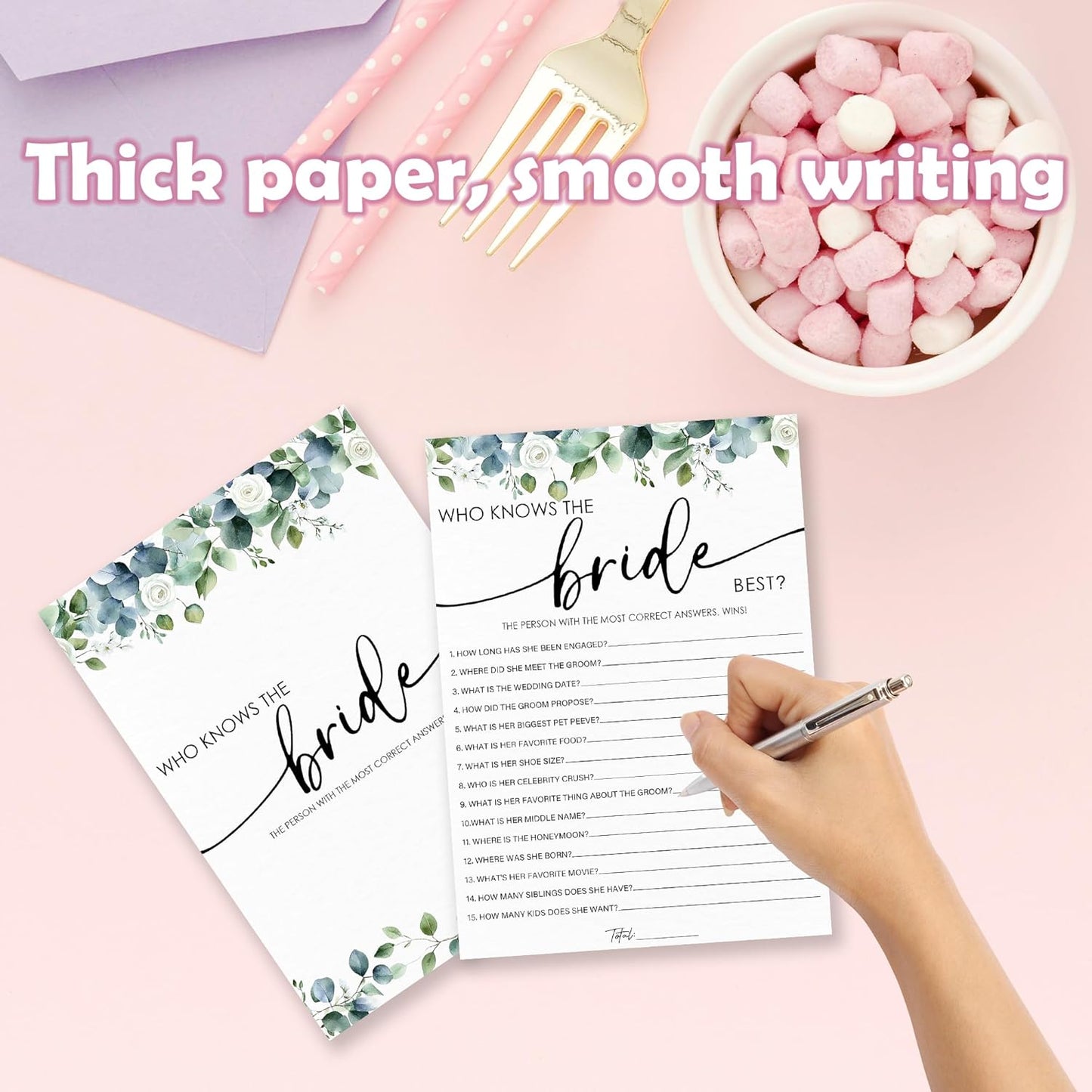 Who Knows The Bride Best - Botanical Bridal Shower Game Cards - 50 Pcs Eucalyptus Leaves Game Cards - Funny Wedding Party Games for Bride & Groom - Activities for Bachelorette Party - A01