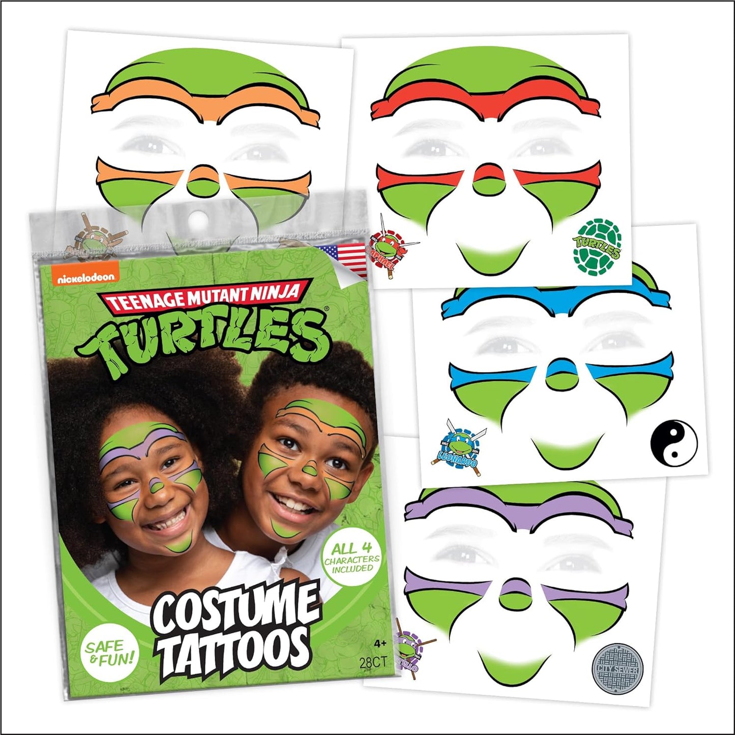 Teenage Mutant Ninja Turtles Costume Face Tattoos – Temporary Tattoo Set for Kids Featuring Leonardo, Donatello, Michelangelo & Raphael, Easy Halloween Costume Accessory, Non-Toxic & Skin-Safe