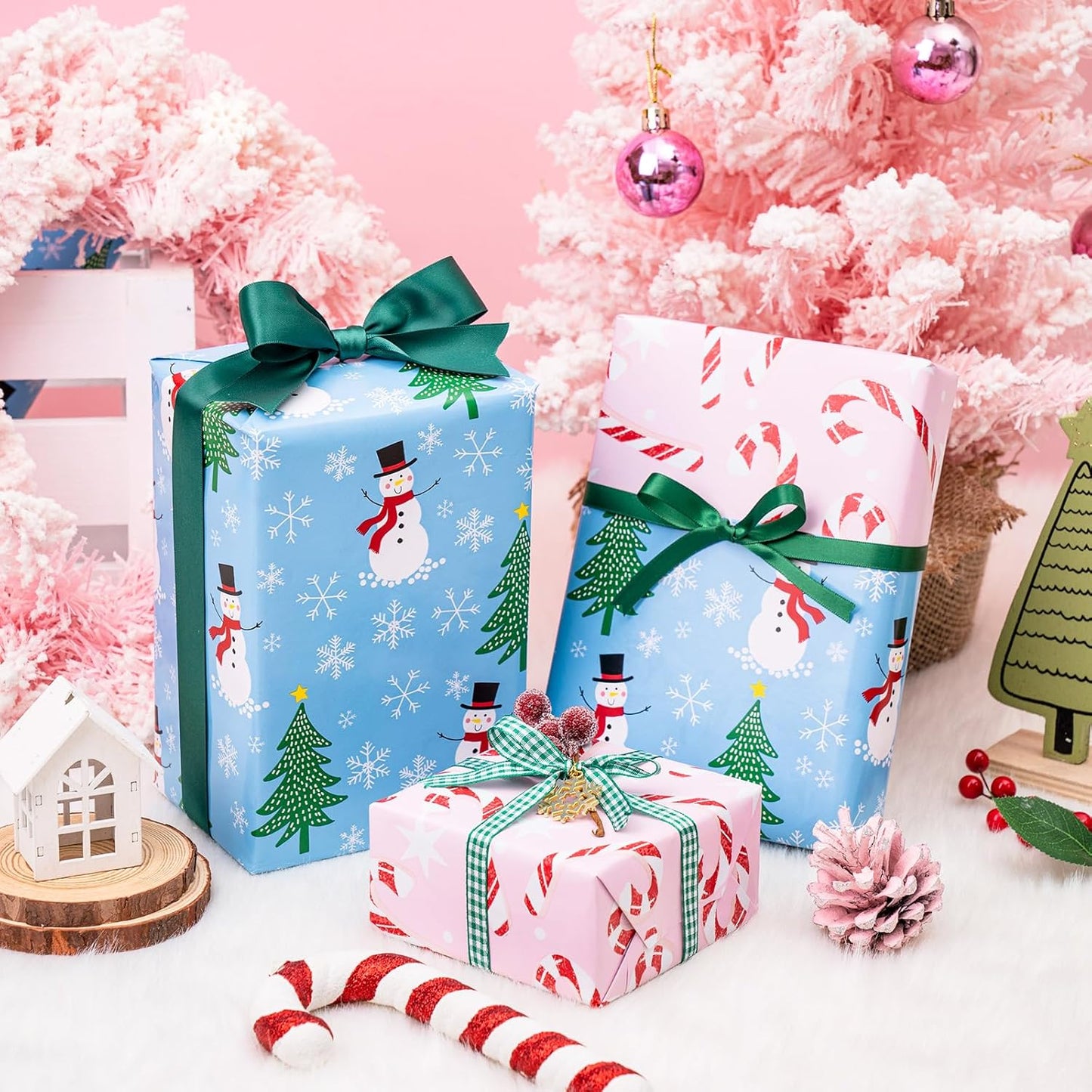 LeZakaa Christmas Wrapping Paper for Kids, Mini Roll, Red Truck, Snowman Christmas Tree in Blue & Pink Candy Cane Reversible Design for Winter Holiday Family Gathering, 17 inches x 32.8 Feet