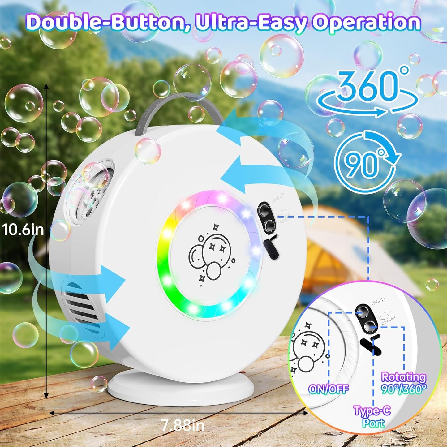 Bubble Machine for Kids Toddlers,90° 360° Auto Rotatable Portable Bubble Maker Toy for 3 4 5 Year Old, Automatic Bubble Blower with RGB Light Rechargeable, Outdoor Wedding Party Birthday Gifts