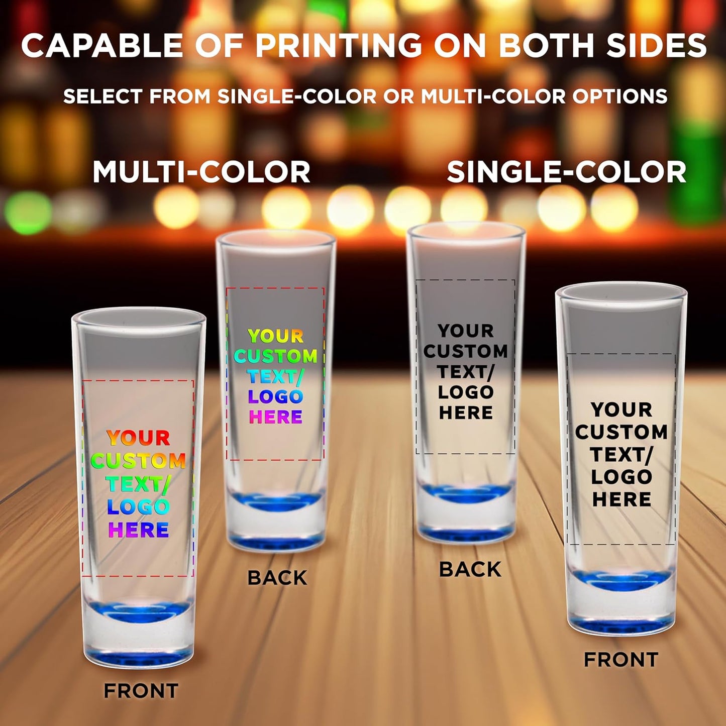 Custom Cordial Shooter Shot Glasses 2 oz. Set of 50, Personalized Bulk Pack - Great for Birthdays, Parties, Indoor & Outdoor Events - Blue