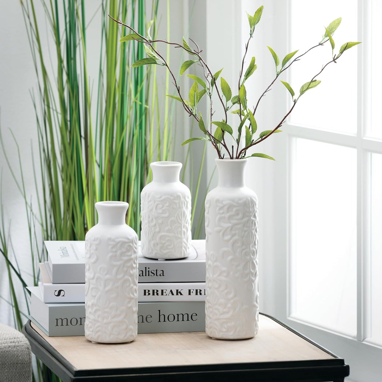 Sullivans Small White Embossed Ceramic Vase Set of 3, Matte Finish, Vases for Decor Modern Home Centerpieces, Mantle Tabletop for Living Room, Bedroom, Kitchen, Entryway Decor