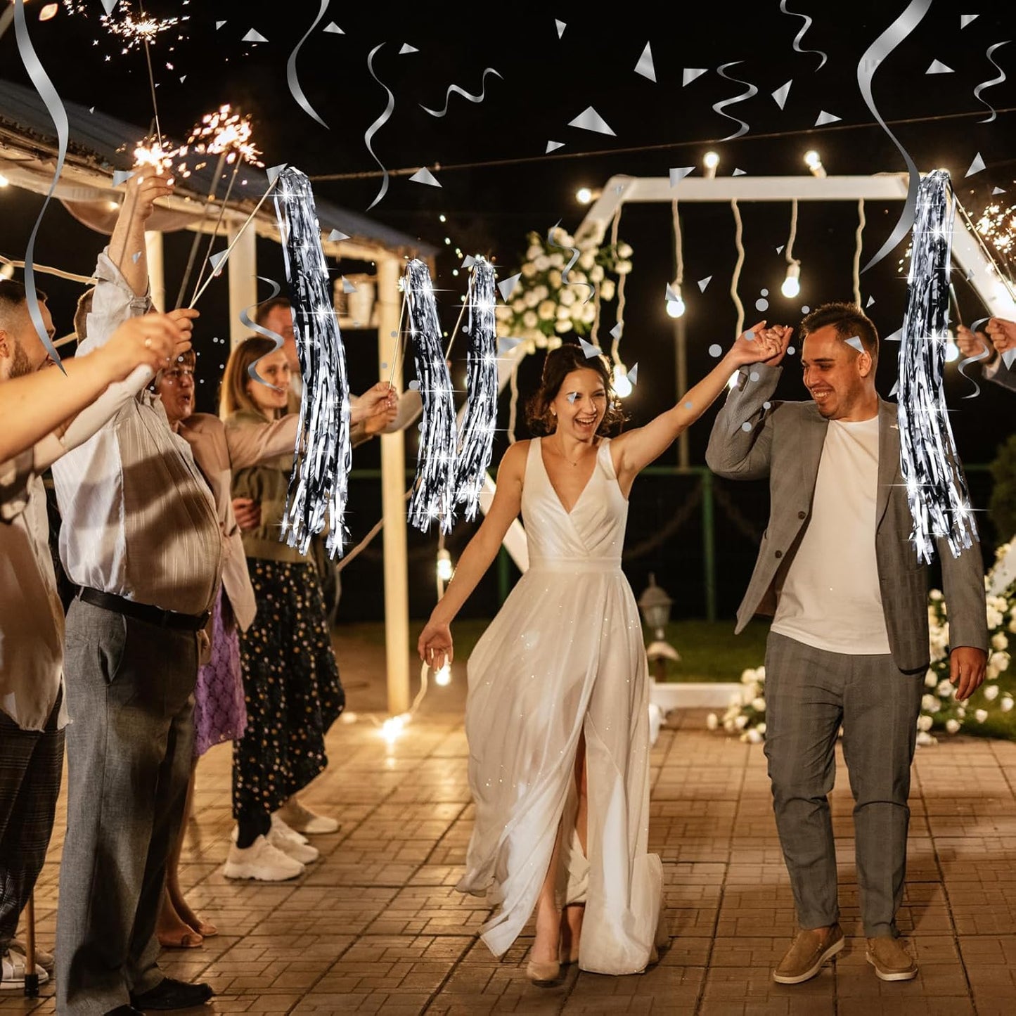 50 Pcs Wedding Fairy Wands with Bells Foil Tinsel Ribbon Stick Wands Tinsel Party Streamers with Bell Glittery Bridal Wedding Send Off Ideas Holiday Celebration (Silver)