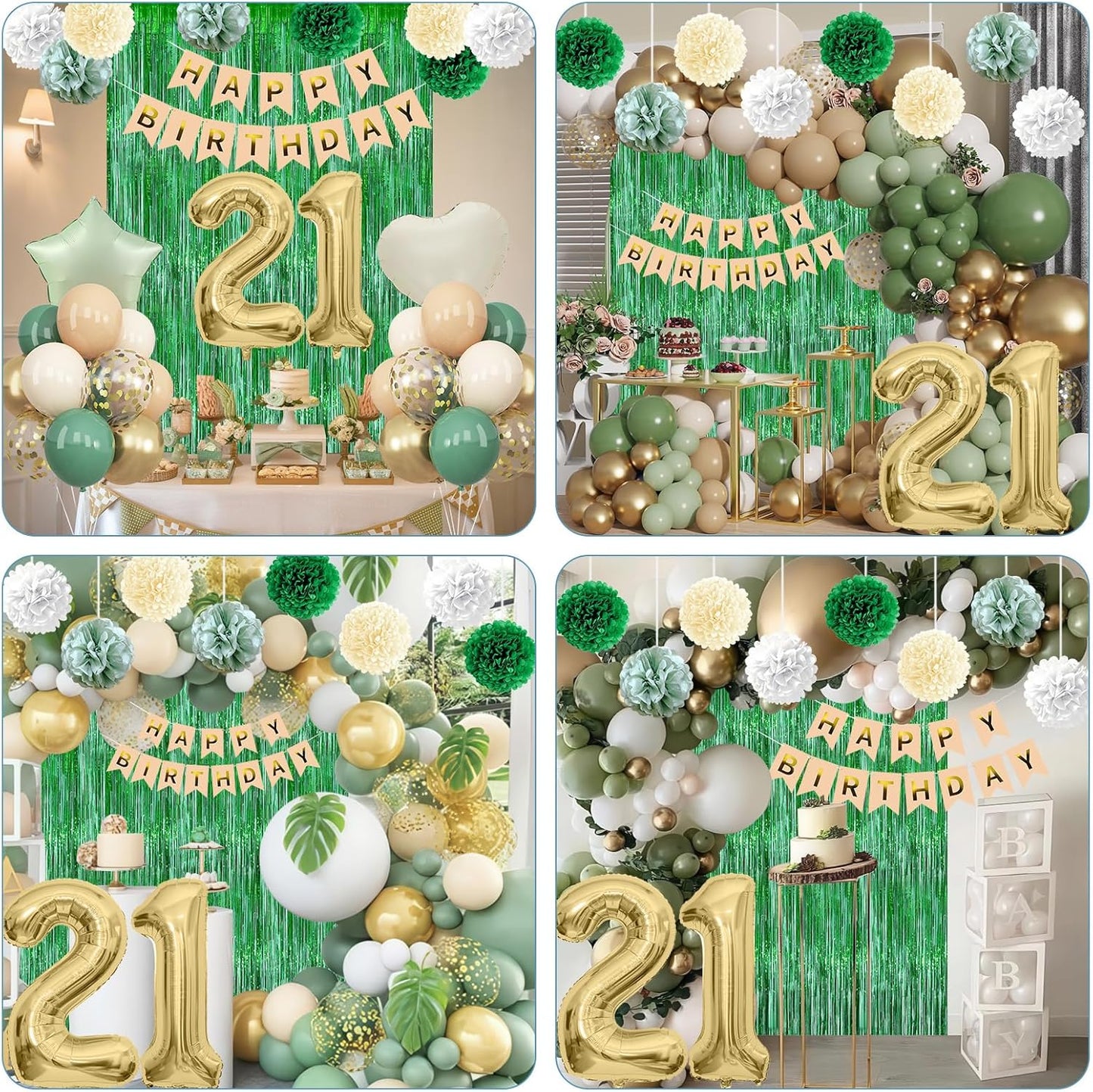 Sage Green 21st Birthday Decorations for Him Gold Number 21 Balloon Nude Gold Happy Birthday Banner Fringe Curtain Paper Pom Poms Olive Green Cream White Sand Star Foil Balloons Party Decor