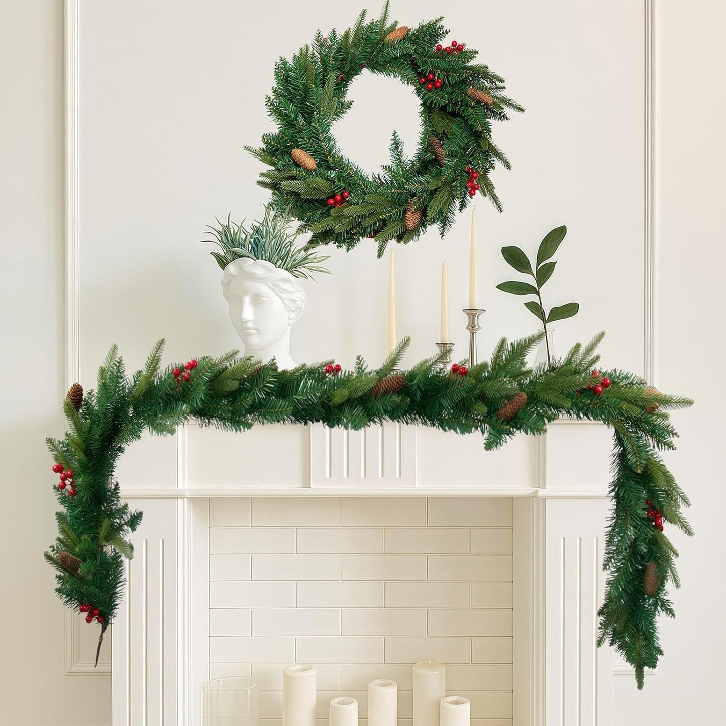9FT Christmas Garland Artificial Norfolk Pine Tree Greenery, Cedar Cypress with Red Berries Pine Cones, Realistic Winter Holiday Mantel Fireplace Door Table Decor, Indoor Outdoor