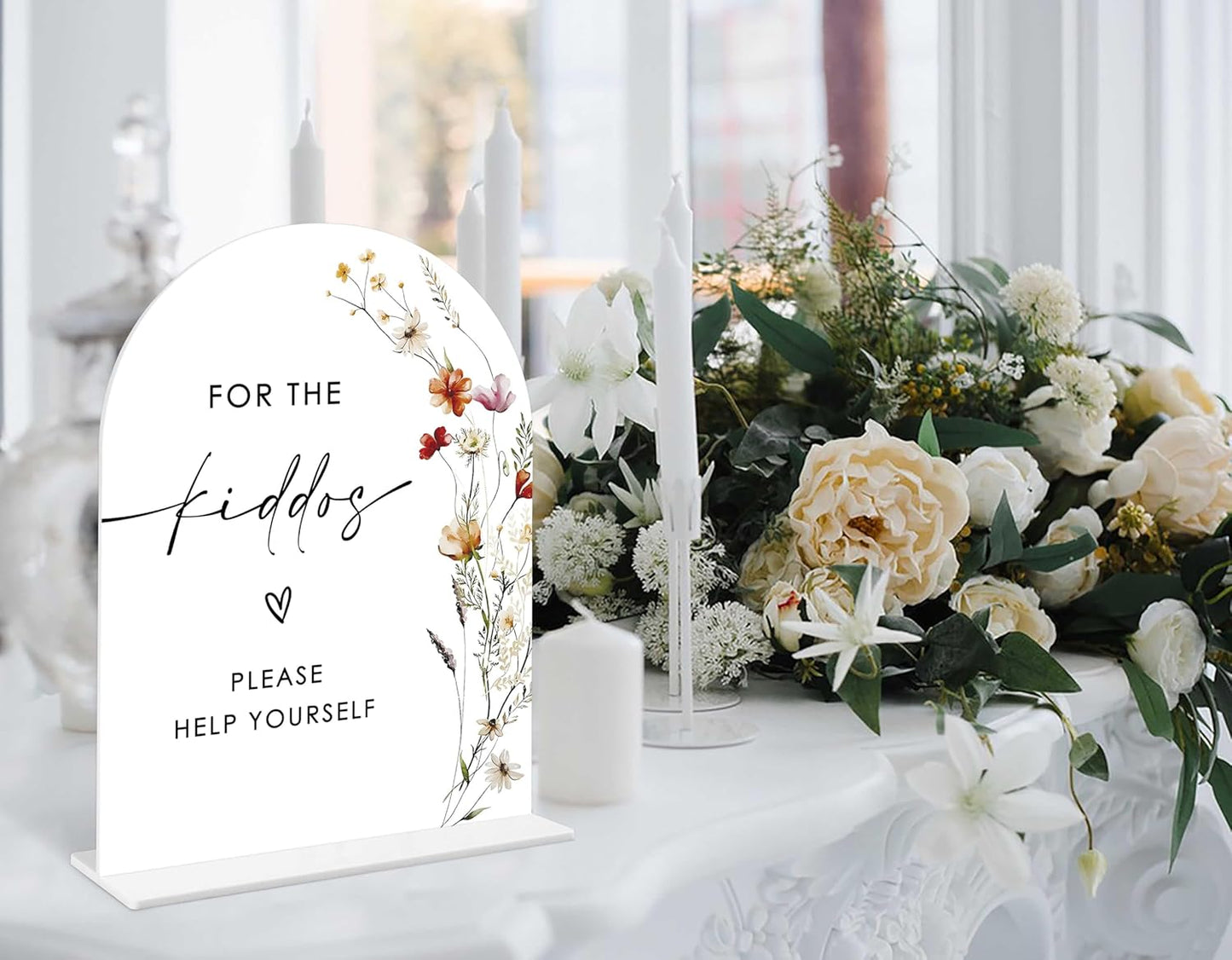 Boho Floral For the Kiddos Favors Sign, 6 x 8 Inch White Arch Acrylic Wedding Sign with Holder, Wedding Sign for Ceremony and Reception, Wedding Decoration, Wedding Supplies - BX27