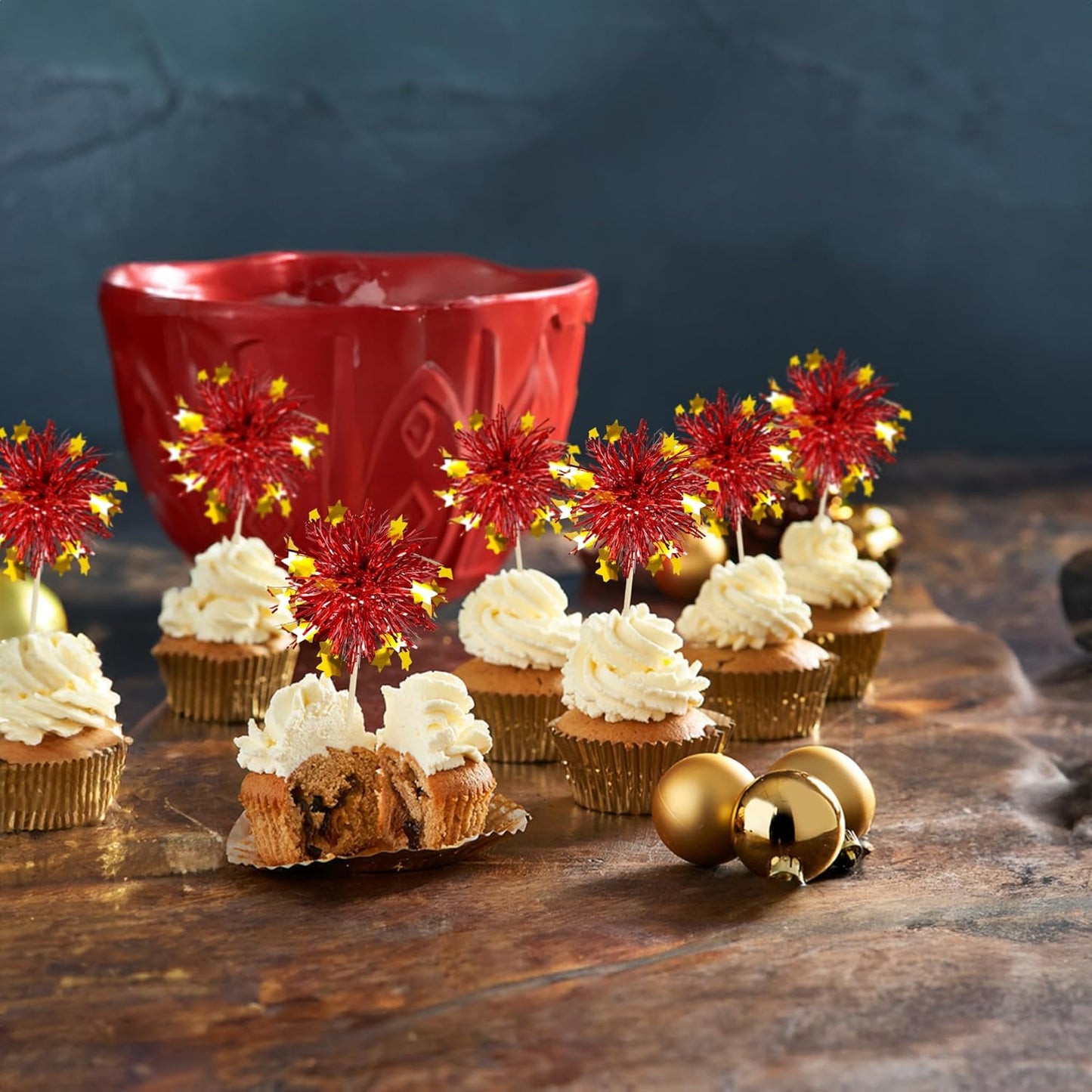Ephlyn 30Pcs Foil Firework Cupcake Toppers Party Birthday Cake Toppers Supplies Sparkle Tinsel Cocktail Fruit Toothpick for Birthday Wedding Graduation Party Red