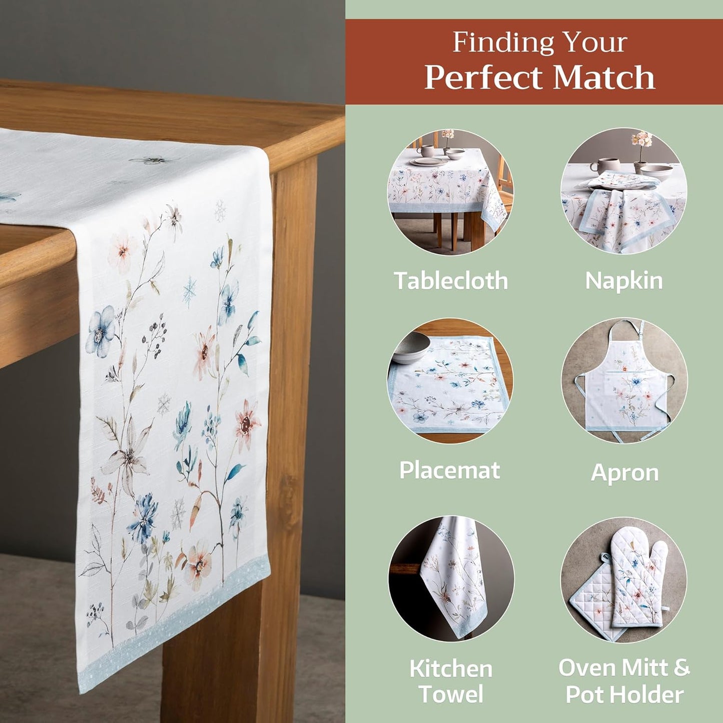 Maison d' Hermine Table Runner 100% Cotton Single Layer Table Runners 72 inches Long for Thanksgiving Christmas Decorations Home Kitchen Dining Party Wedding (Ice Florals, 14.5" x 72")