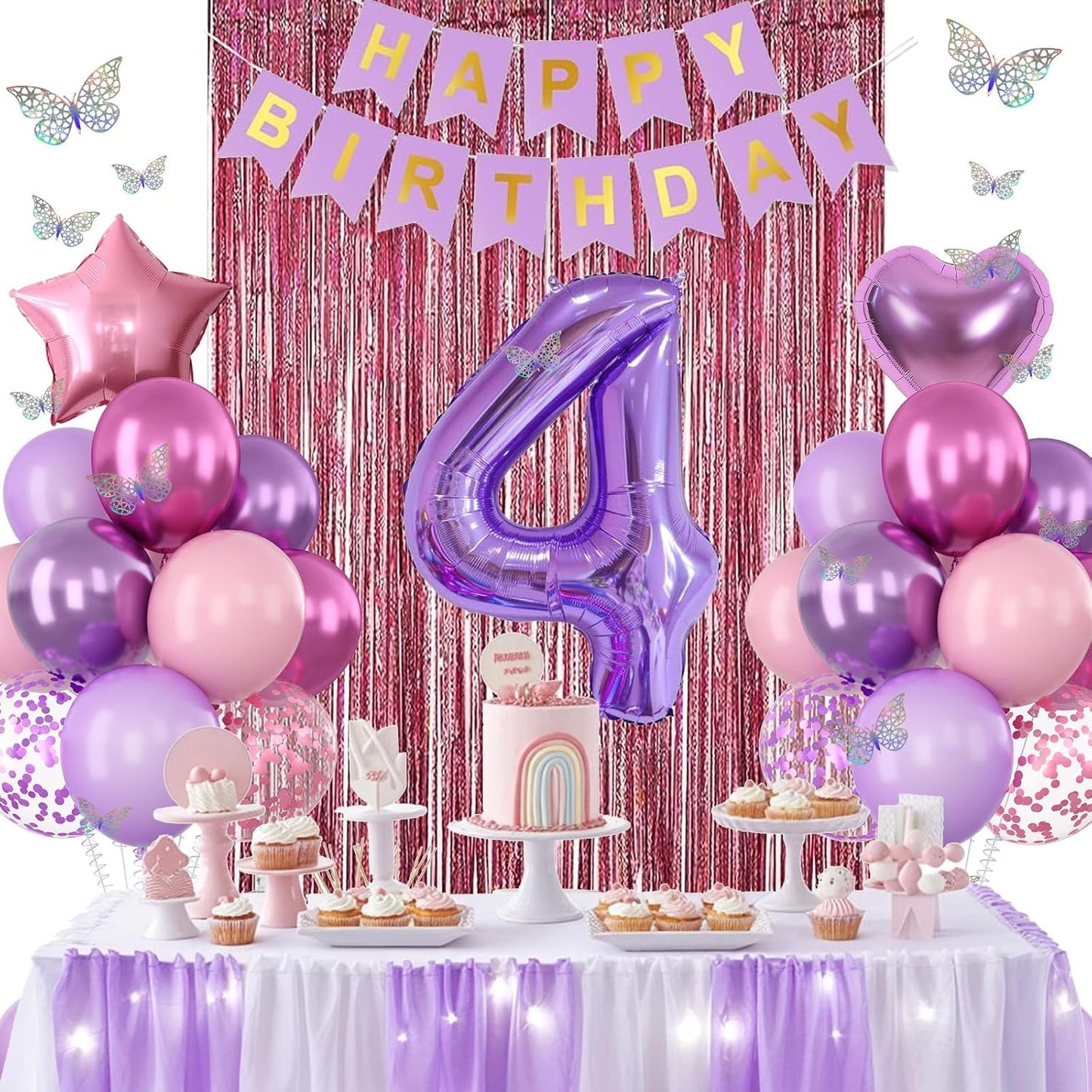 Pink Purple 4th Birthday Party Decorations for Girls Number 4 Balloon Happy Birthday Banner Butterfly Stickers Fringe Curtain Paper Pom Poms Metallic Hot Pink Star Foil Balloons 4 Year Old Princess