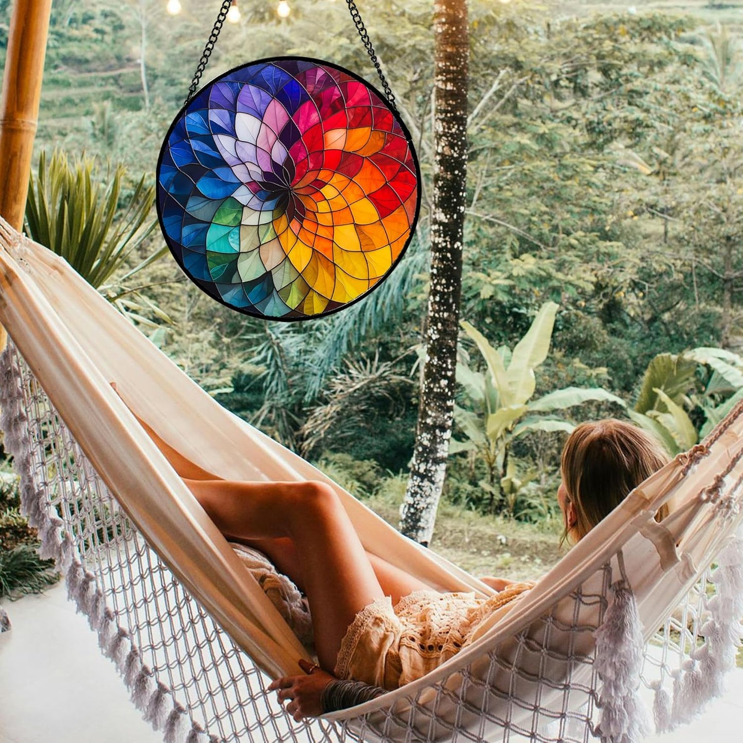 Stained Glass Window Hanging - Colorful Flowers Sun Catcher for Door Terrace Garden Home Decor, Abstract Gradient Suncatcher Birthday Gifts for Lovers Women Men Dad Mom Nana 15 in