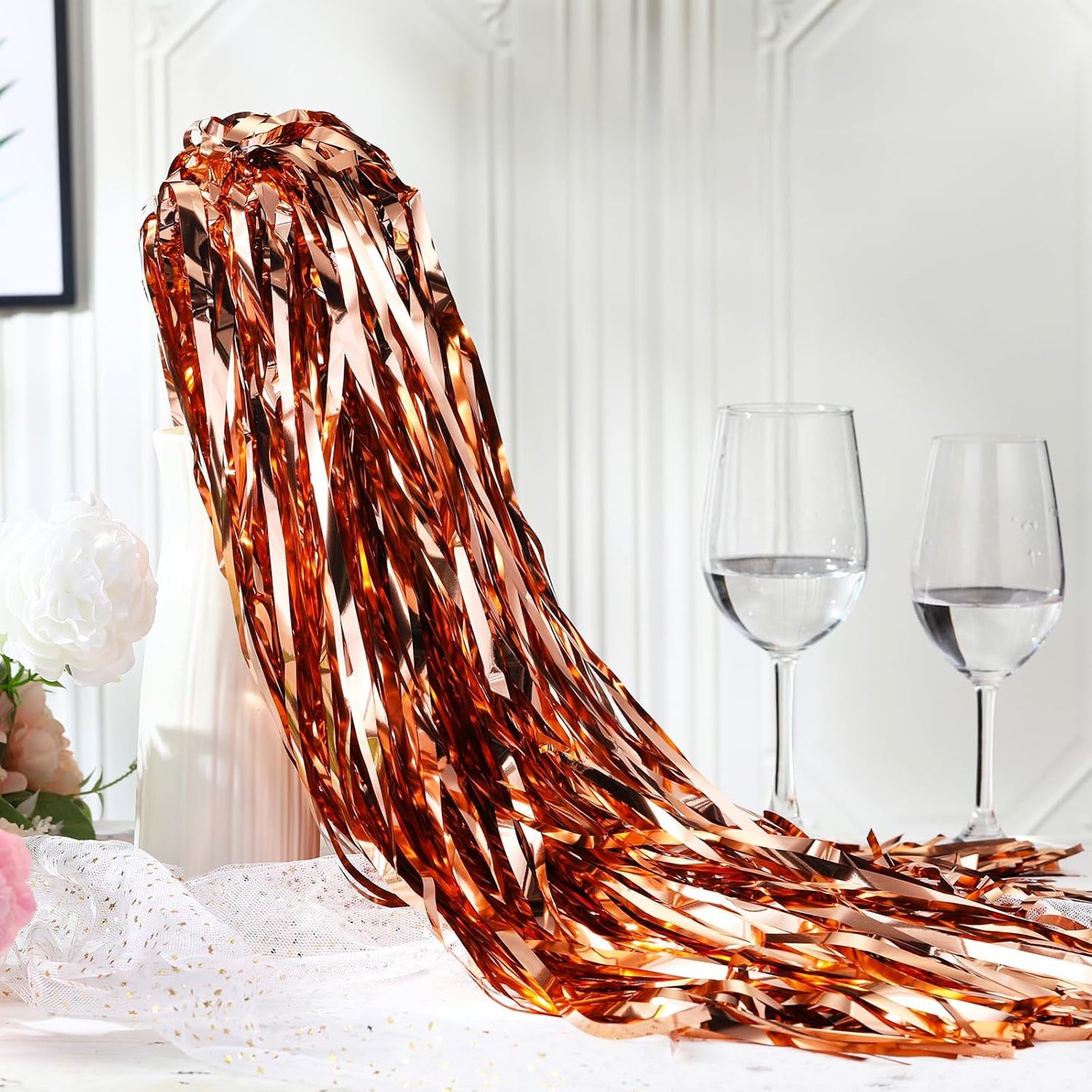 50 Pcs Wedding Fairy Wands with Bells Foil Tinsel Ribbon Stick Wands Tinsel Party Streamers with Bell Glittery Bridal Wedding Send Off Ideas Holiday Celebration (Rose Gold)
