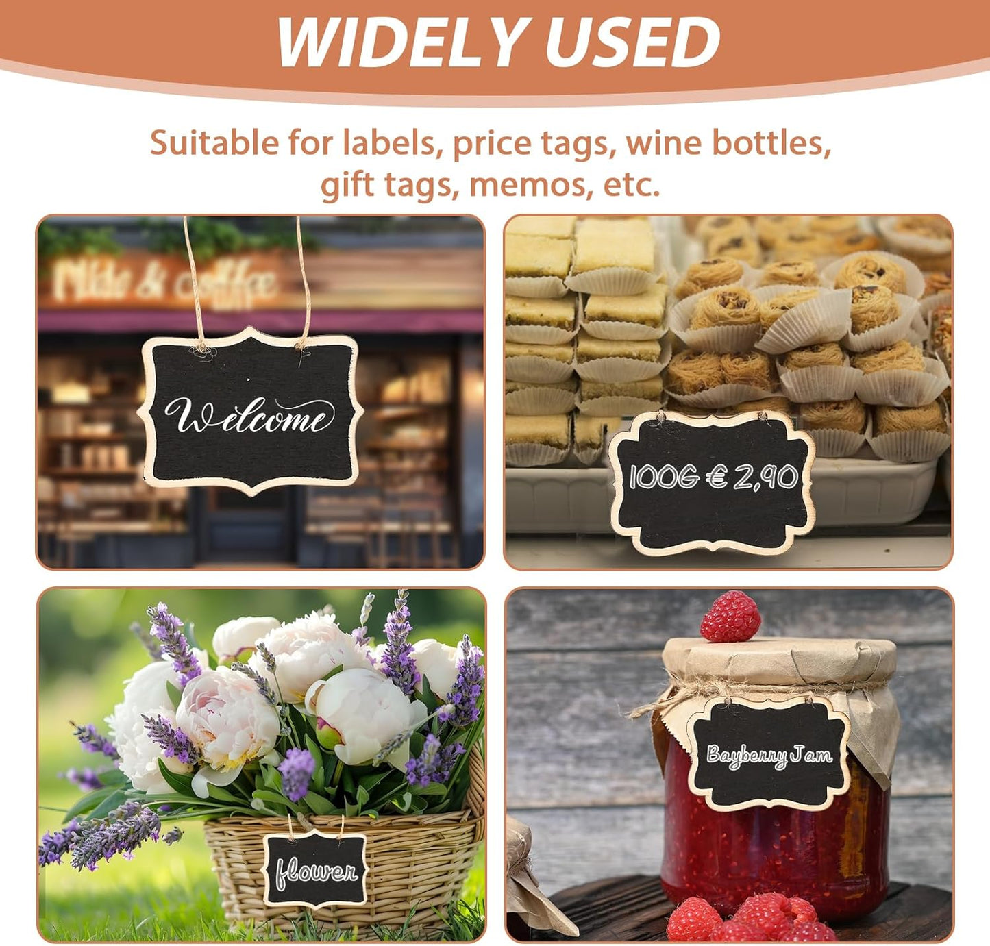 24 Pack Mini Wooden Chalkboard Signs - Reusable Hanging Food Labels for Party Buffet, Place Cards, Name Tags and Table Numbers