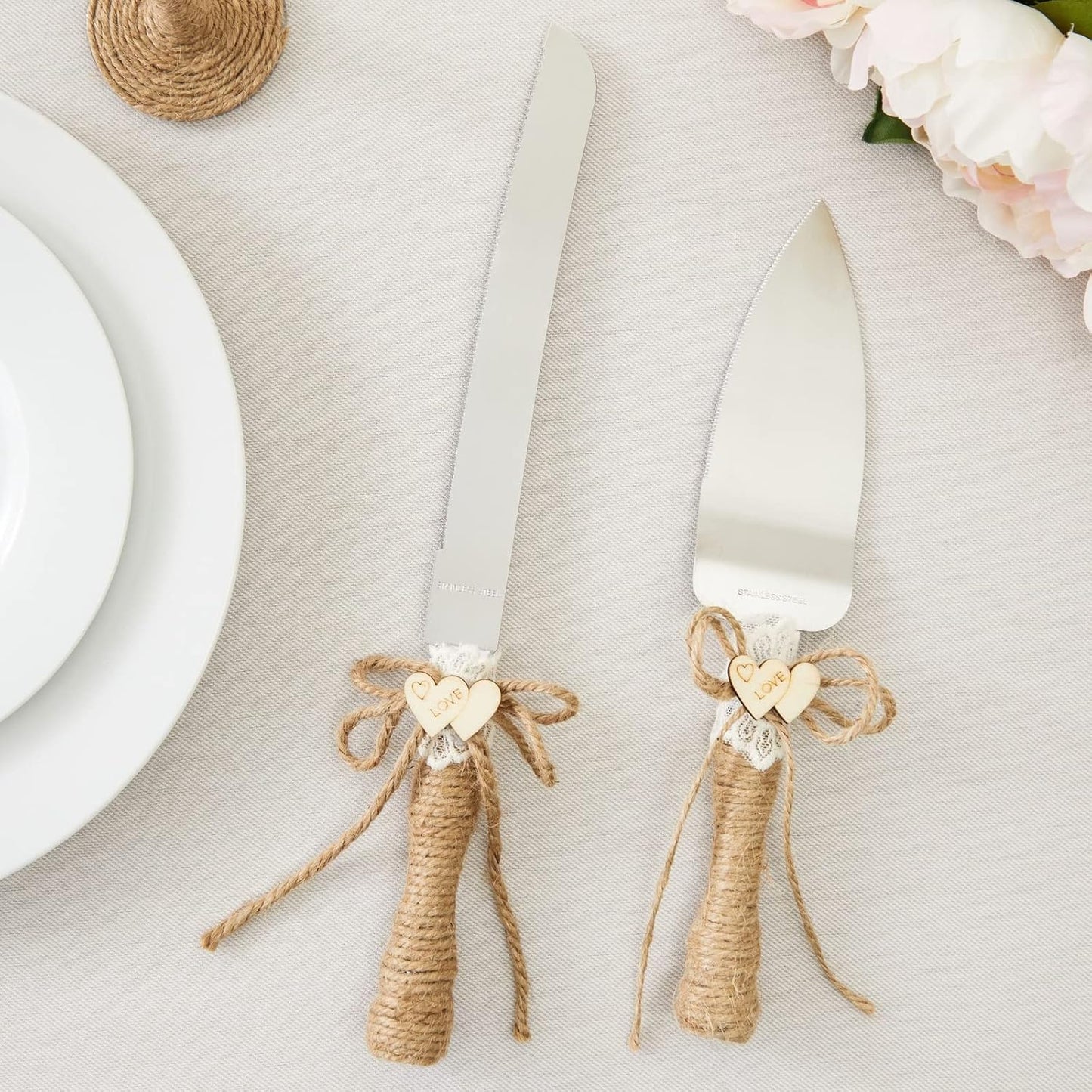 Juvale Wedding Decor Rustic Cake Knife & Server Set with Champagne Flutes - Brown Wood Handles, 13.2in Knife & 11in Server, 7.1oz Flutes - Rustic Wedding Decorations