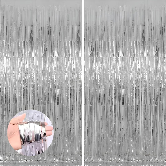 Keyali 2 Pack 3.3 * 8.3 ft Foil Curtain Metallic Tinsel Fringe Curtains Photo Booth Props Backdrop for Birthday Wedding Engagement Baby Shower Christmas Holiday Celebration Partyl,Silvery