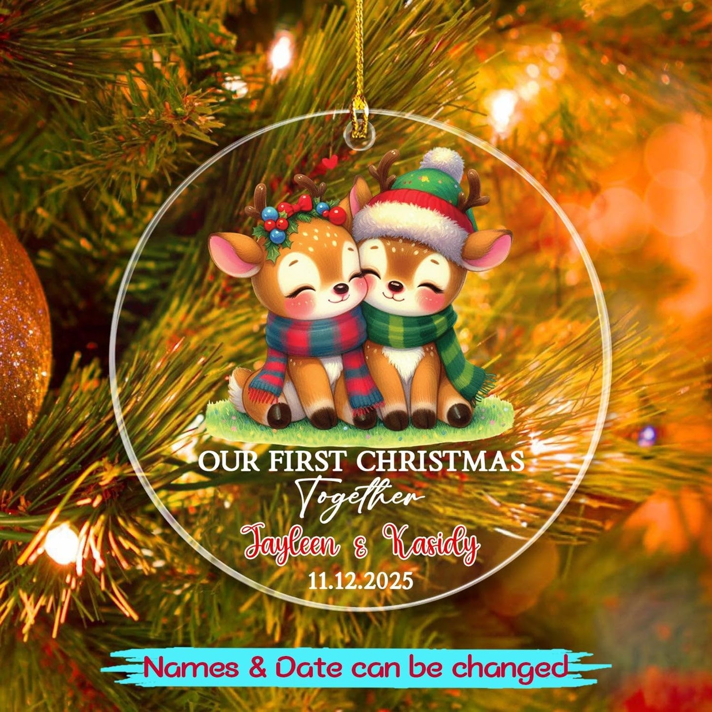 Customized Our First Christmas Together Deer Ornament with Names & Date, Mr & Mrs Deer Together Xmas Ornament Gift for Anniversary, Personalized Married Couple Deers Christmas Ornaments for Newlyweds