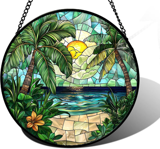 Stained Glass Window Hanging, Green Beach Scenery Suncatcher Diamond Glass Panel Hangings Sun Catchers Decor for Birthday for Women, Men, Wife, Aunt, and Mom 9.8 in