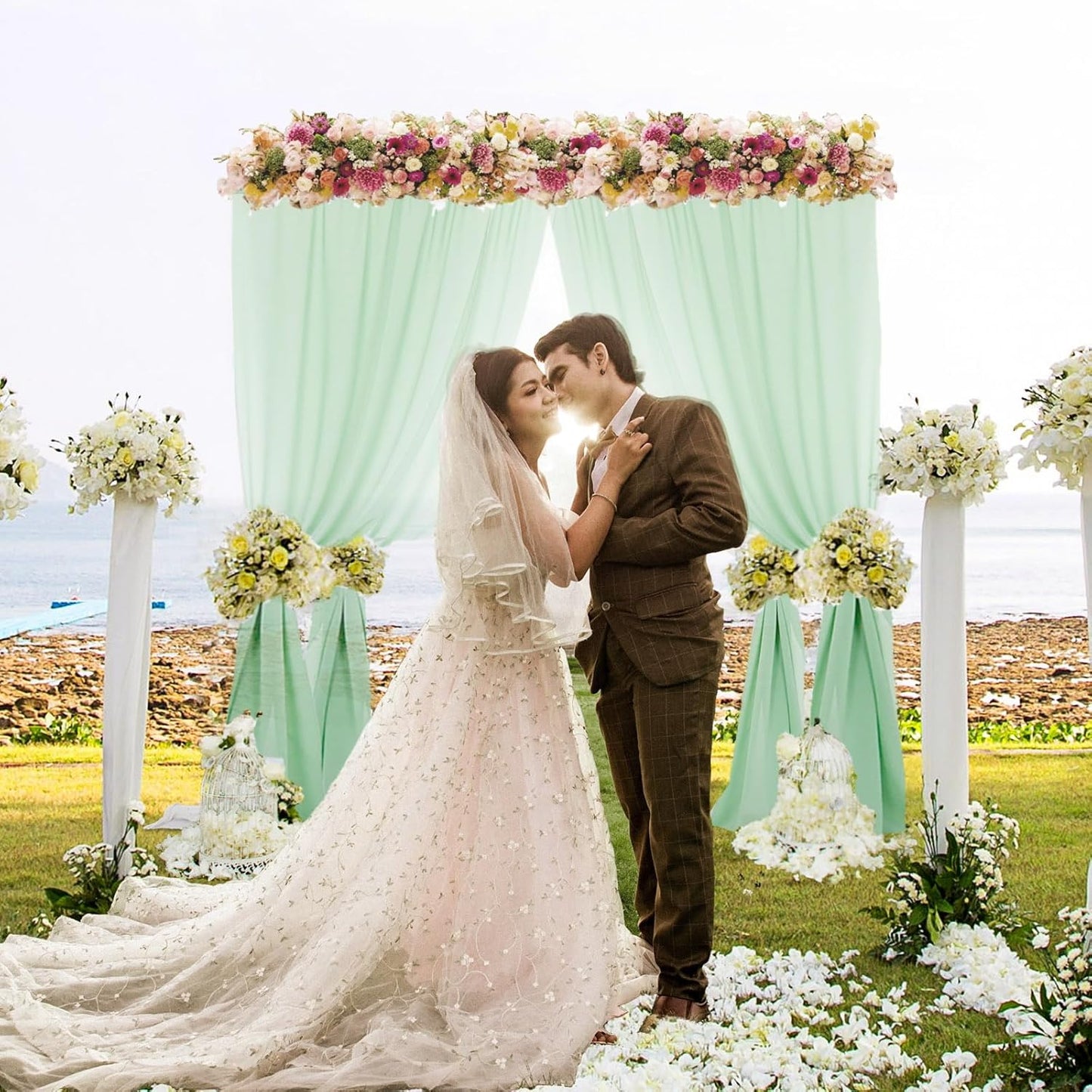 DUOBAO Sage Green Chiffon Backdrop Curtains 96 inches Long 2 Panels Set for Parties Bedroom Living Room, Soft Fabric Drapes Semi Sheer Curtain Dark Green Photo Background