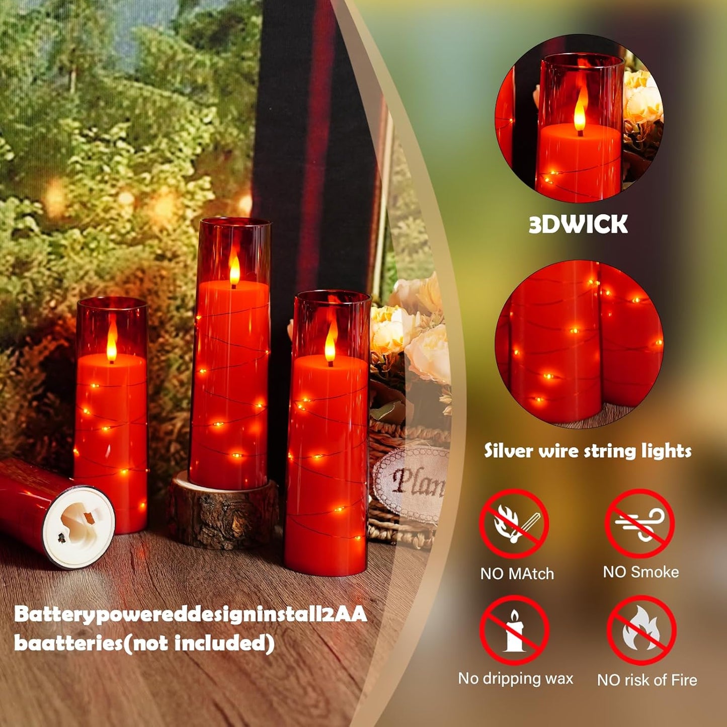 Flameless Candles with Embedded Star String - Battery Operated LED Candles, with Remote,12 Red Flickering Candles for Christmas, Weddings, Home Decor & Party,(D 2.3"×H 5" 6" 7")