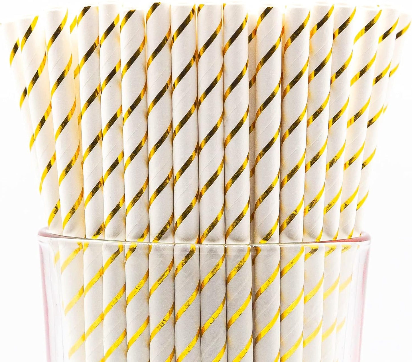 Pack of 900 Gold Foil Stripes Biodegradable 4-Ply Paper Drinking Straws (Compostable, Non-toxic, BPA-free)