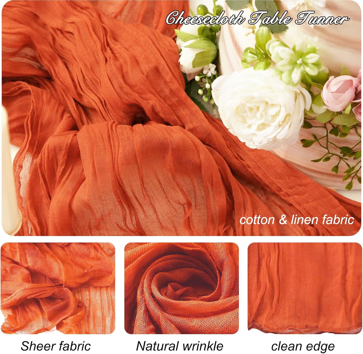 8 Pack 10Ft Orange Cheesecloth Table Runner 35x120 inch Boho Gauze Cheese Cloths Table Runners Long Wrinkled Sheer Romantic Table Runner for Wedding Bridal Shower Birthday Party Table Decor