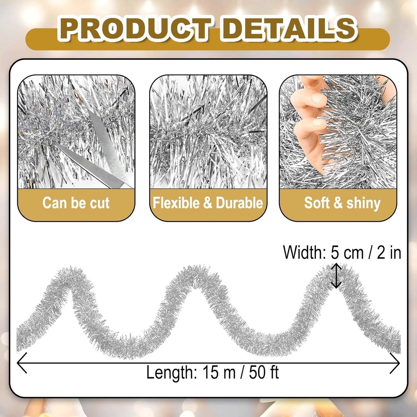 50 Feet Christmas Foil Fringe Banner Metallic Tassle Garland Metallic Backdrop Parade Floats Shiny Hanging Ceiling, Valentine's, Wedding, New Year Party Decorations(2" x 50', Silver)