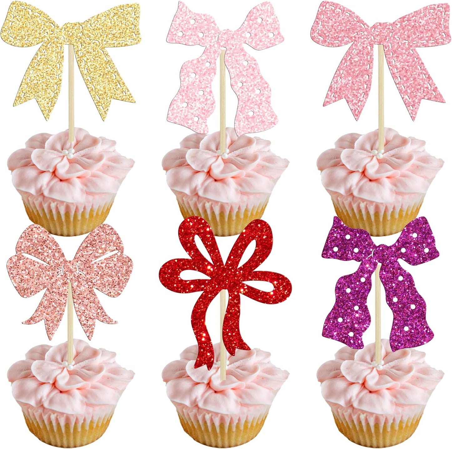 Ephlyn 24Pcs Bow Cupcake Toppers Bow Birthday Cake Topper Girls Birthday Party Decorations Bowknot Cupcake Decorations for Bridal Baby Shower Birthday Wedding Themed Party Pink Gold Purple Rose Red