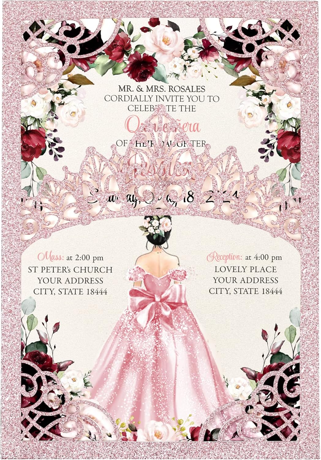 50Pcs Pink Crown Quinceanera Invitation Burgundy for 15 year, Sweet 16, Miss XV, Birthday Laser Cut Quince Invitation Cards Personalized Glitter Pink
