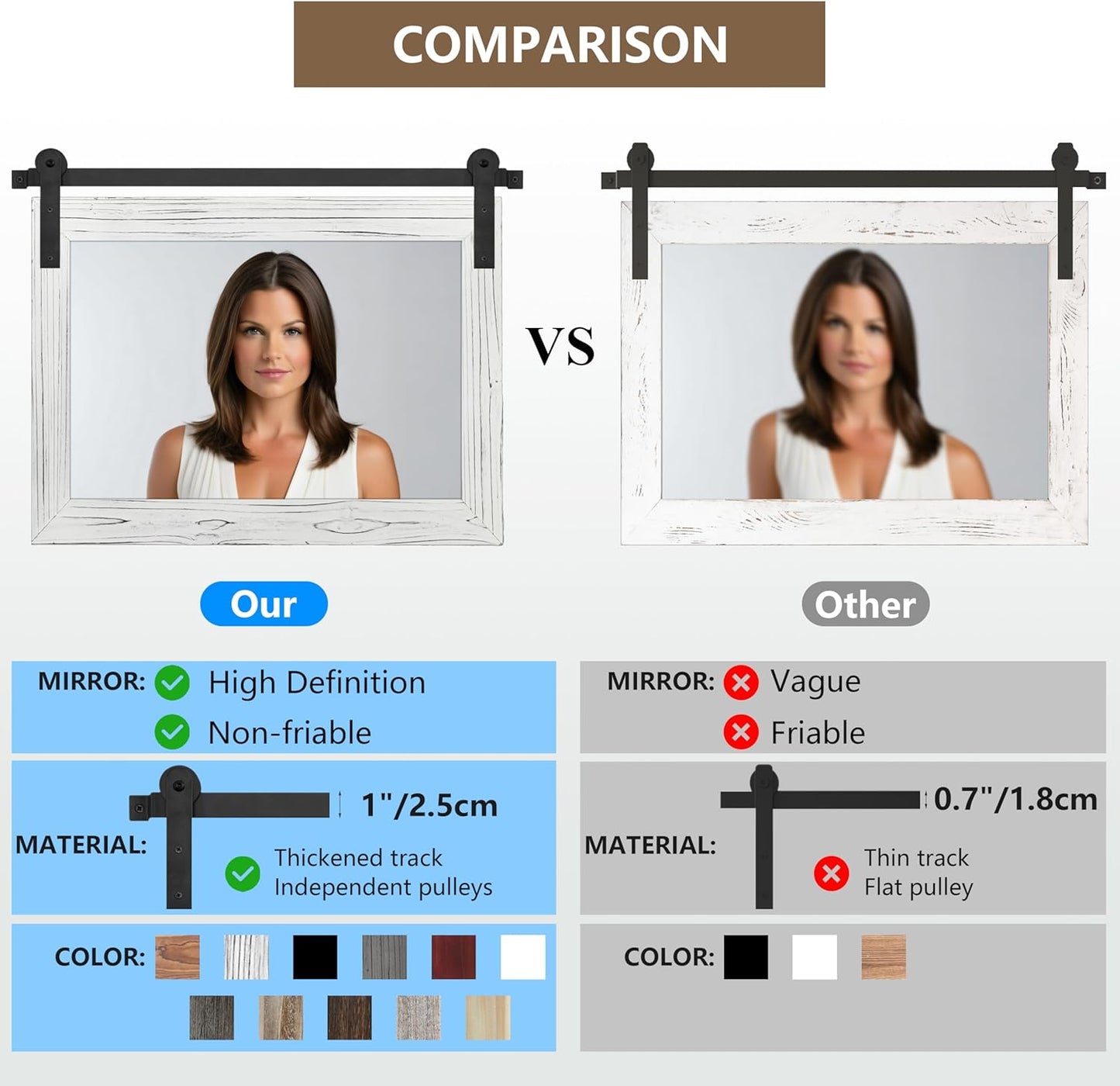 COGOOD Farmhouse Barn Door Mirror - 25 x 18 Rustic Wood Framed Decrative Mirror for Bathroom, Living Room, Entryway Wall Decor (White)