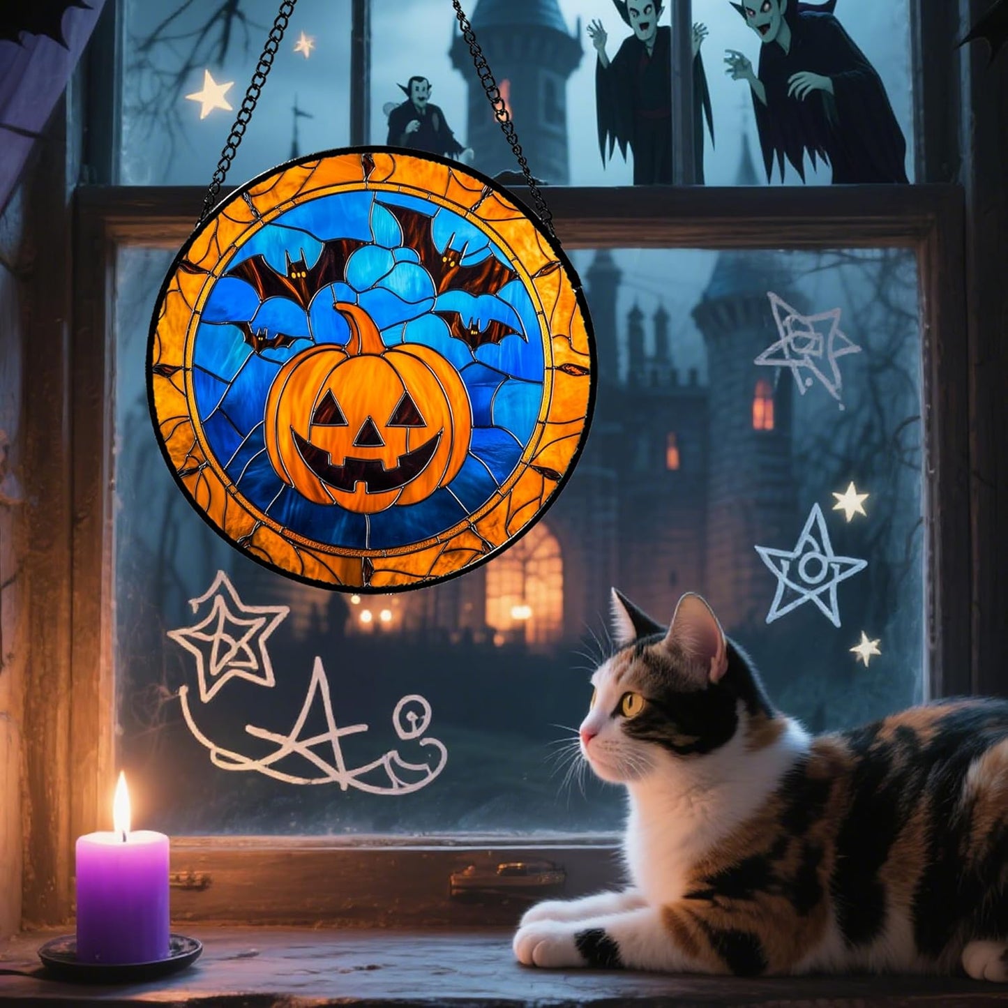 Stained Glass Window Hanging - Halloween Evil Pumpkin Suncatcher for Doors Window Garden Indoor Spooky Brown Bat Sun Catchers Gothic Decor Horror Gifts for Women Men Friend Boy Girl 6.3 in