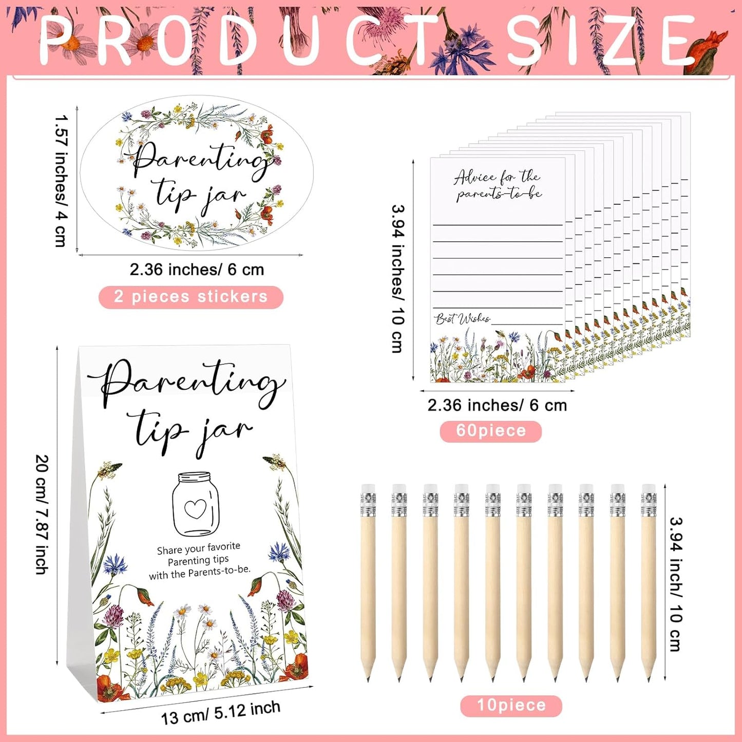 Roowest Baby Shower to Baby Advice Cards for New Parents to Be - Tip Jar Sign for New Parents 60 Parenting Advice Cards 10 HB Pencils 2 Cute Stickers 1 Pet Bottle for Guests Games(Wild Flower)